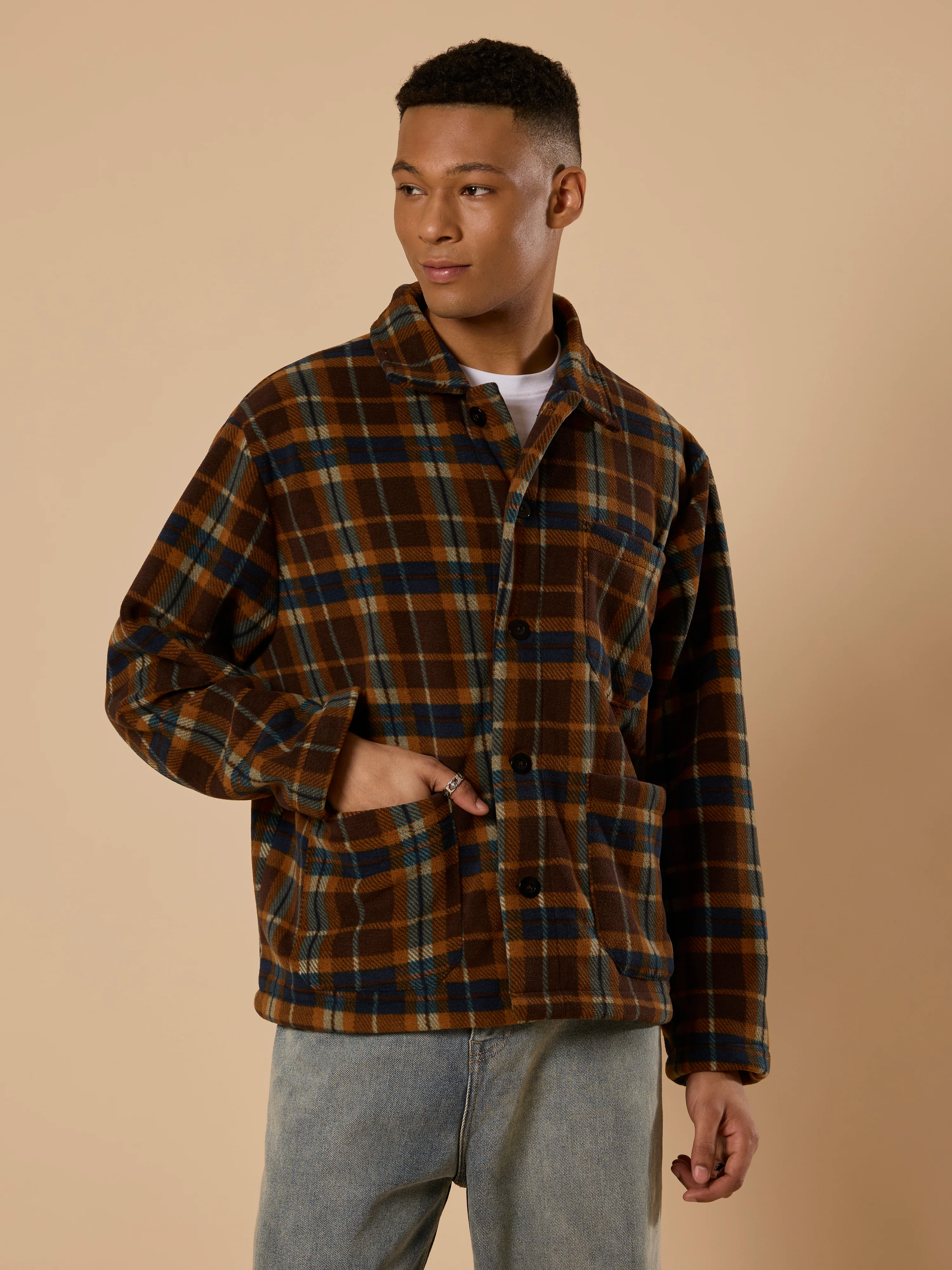 Sherly - Relaxed checked Fleece Shacket - Brown - Image 2