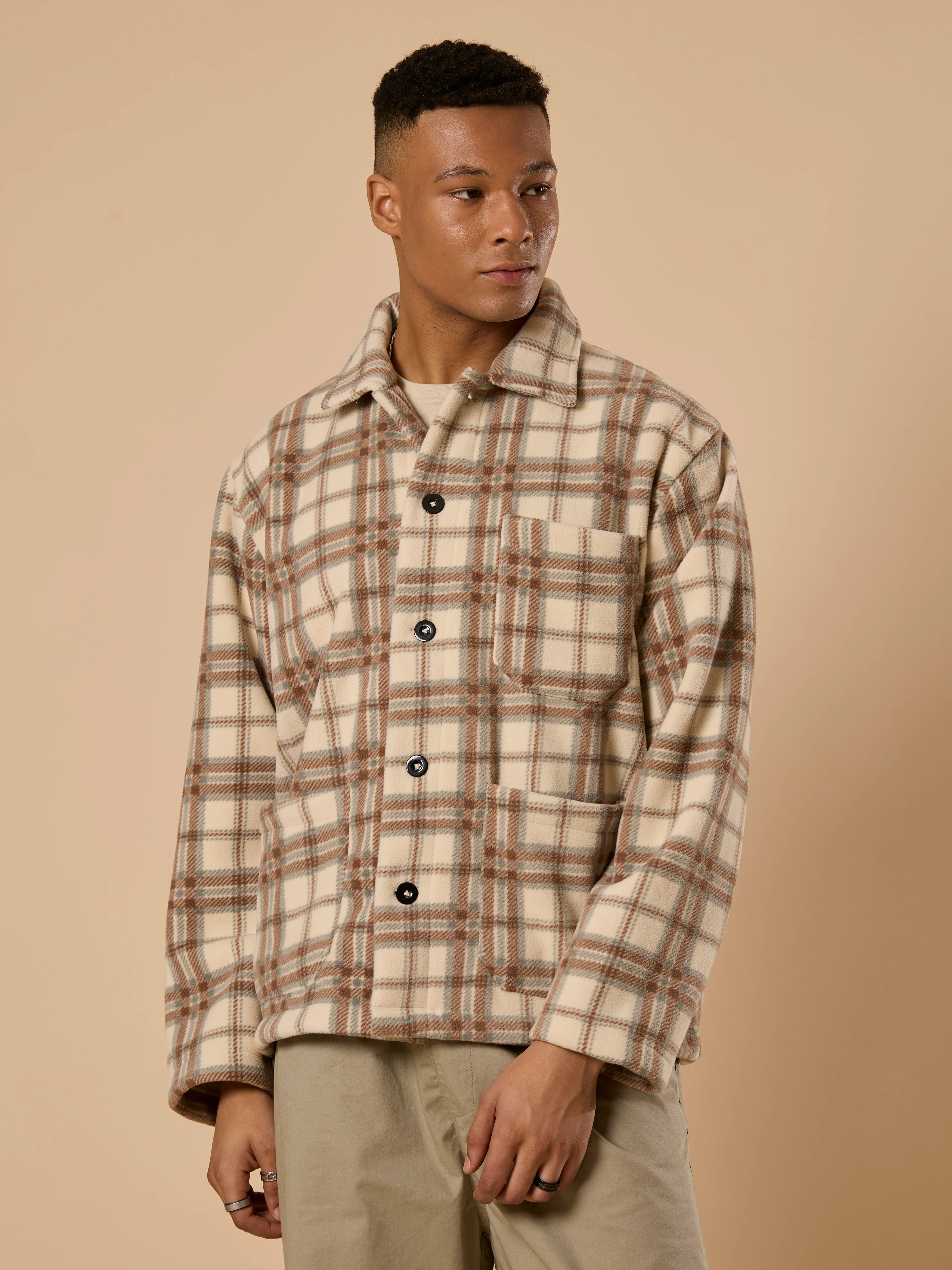 Sherly - Relaxed checked Fleece Shacket - Beige - Image 2