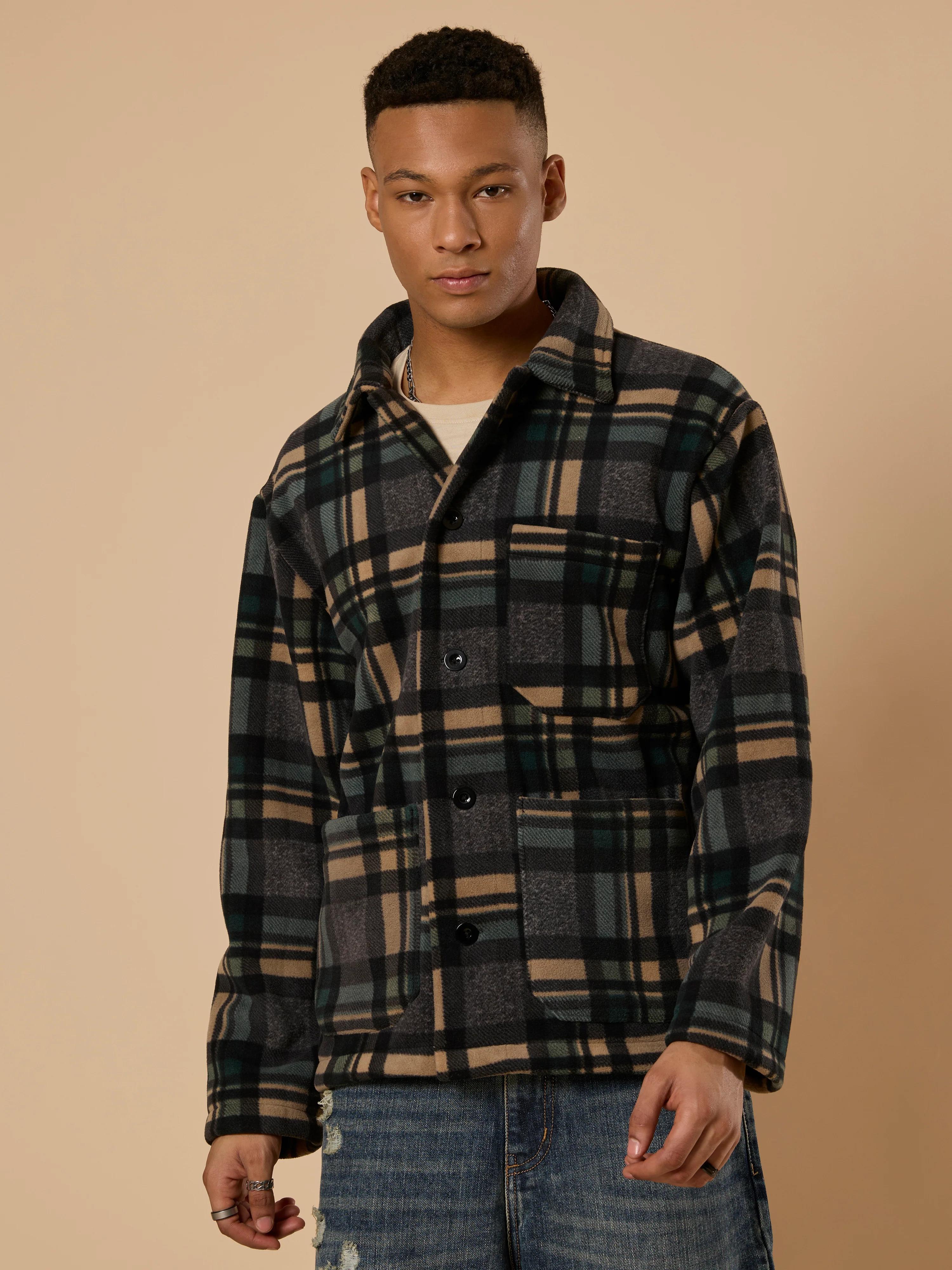 Sherly - Relaxed checked Fleece Shacket - Charcoal - Image 2