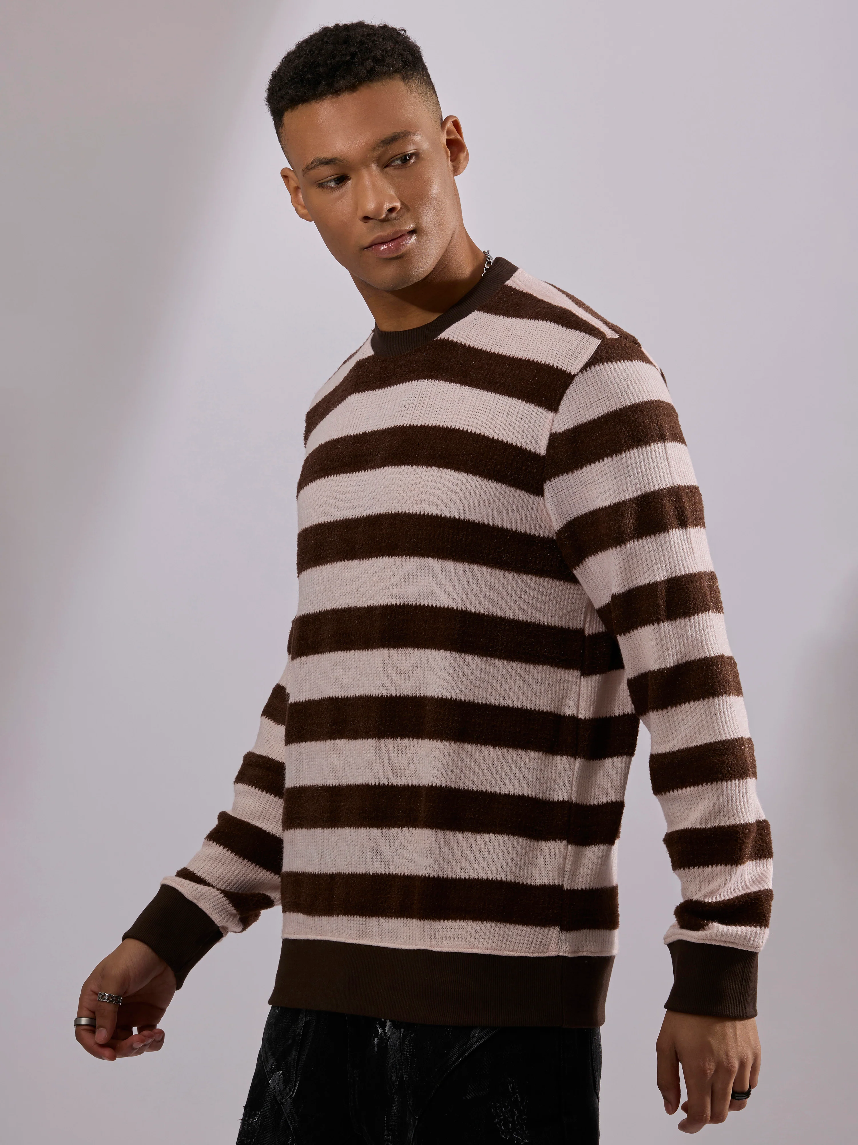 Swyft - Striped Crew neck Sweater - Dark Brown - Image 3