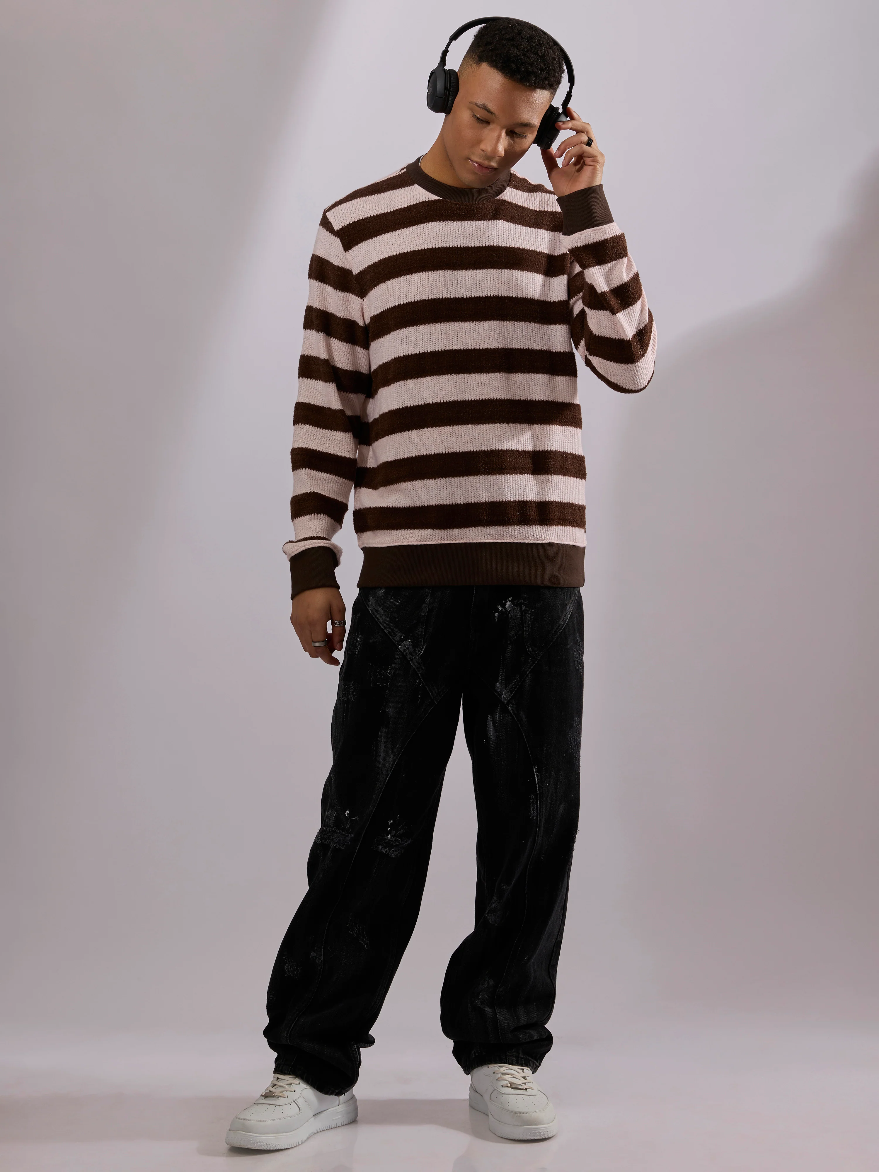 Swyft - Striped Crew neck Sweater - Dark Brown - Image 5