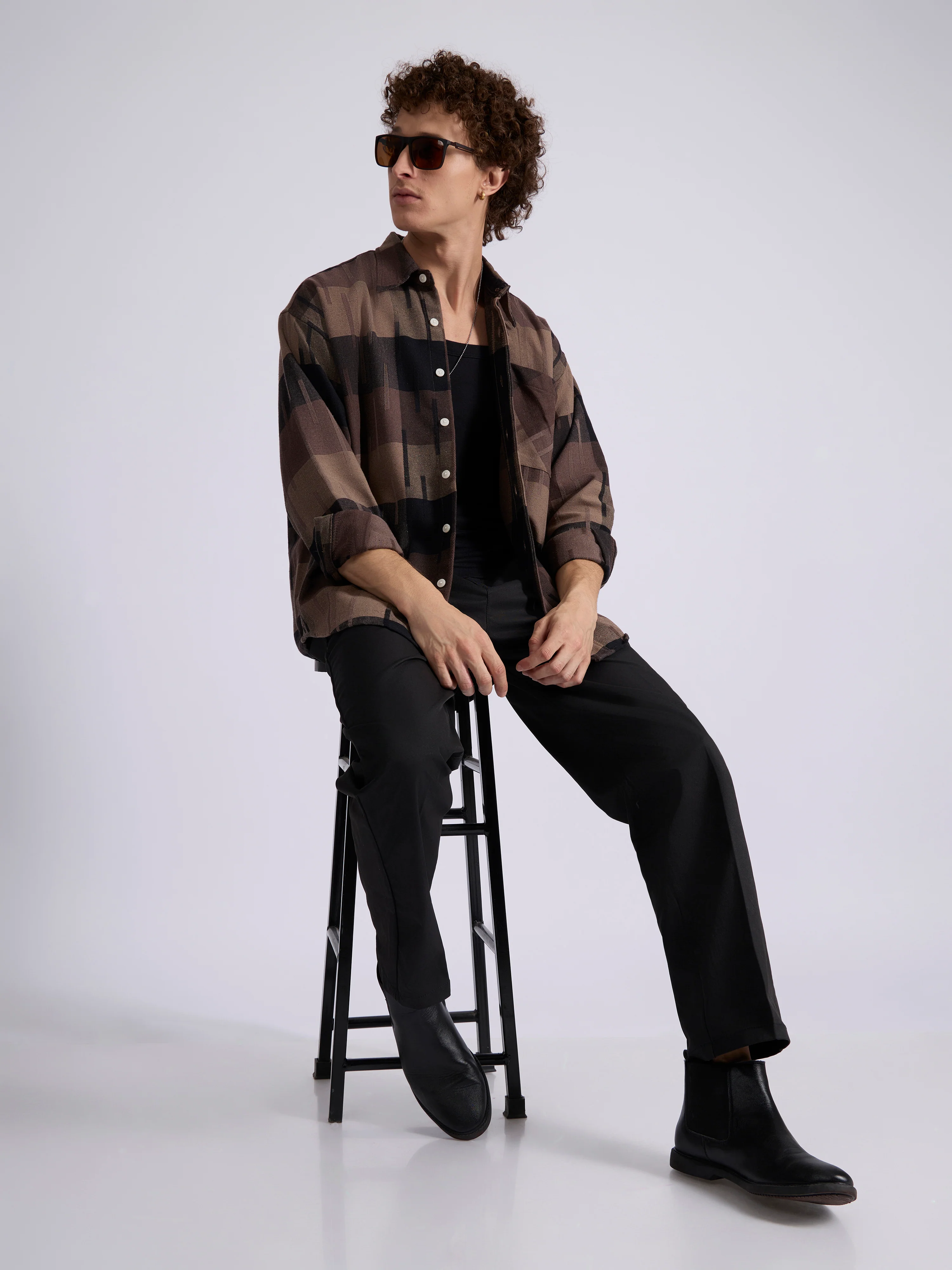 Talbot - Drop Shoulder Checks Shirt - Coffee Brown - Image 2