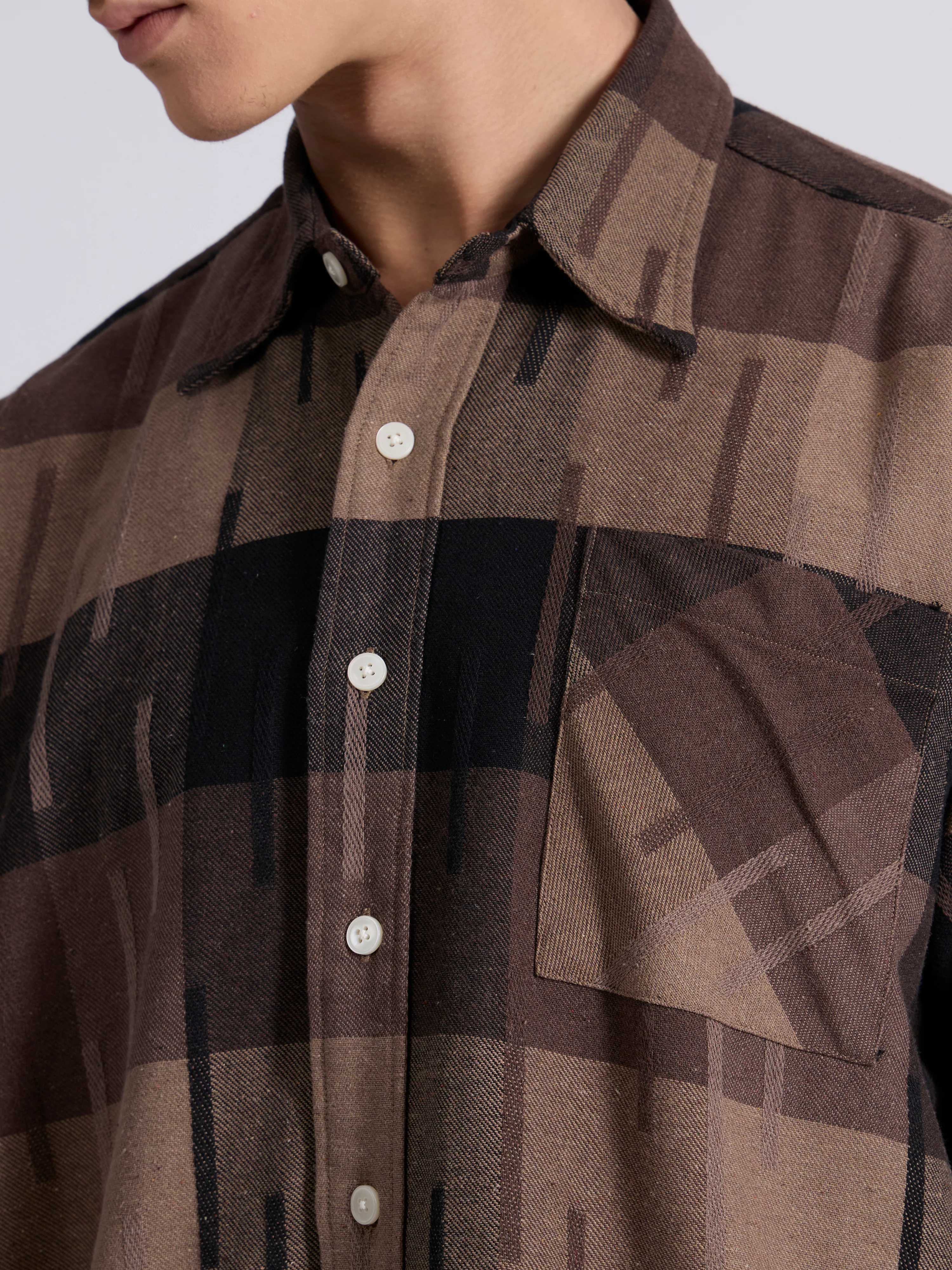 Talbot - Drop Shoulder Checks Shirt - Coffee Brown - Image 3