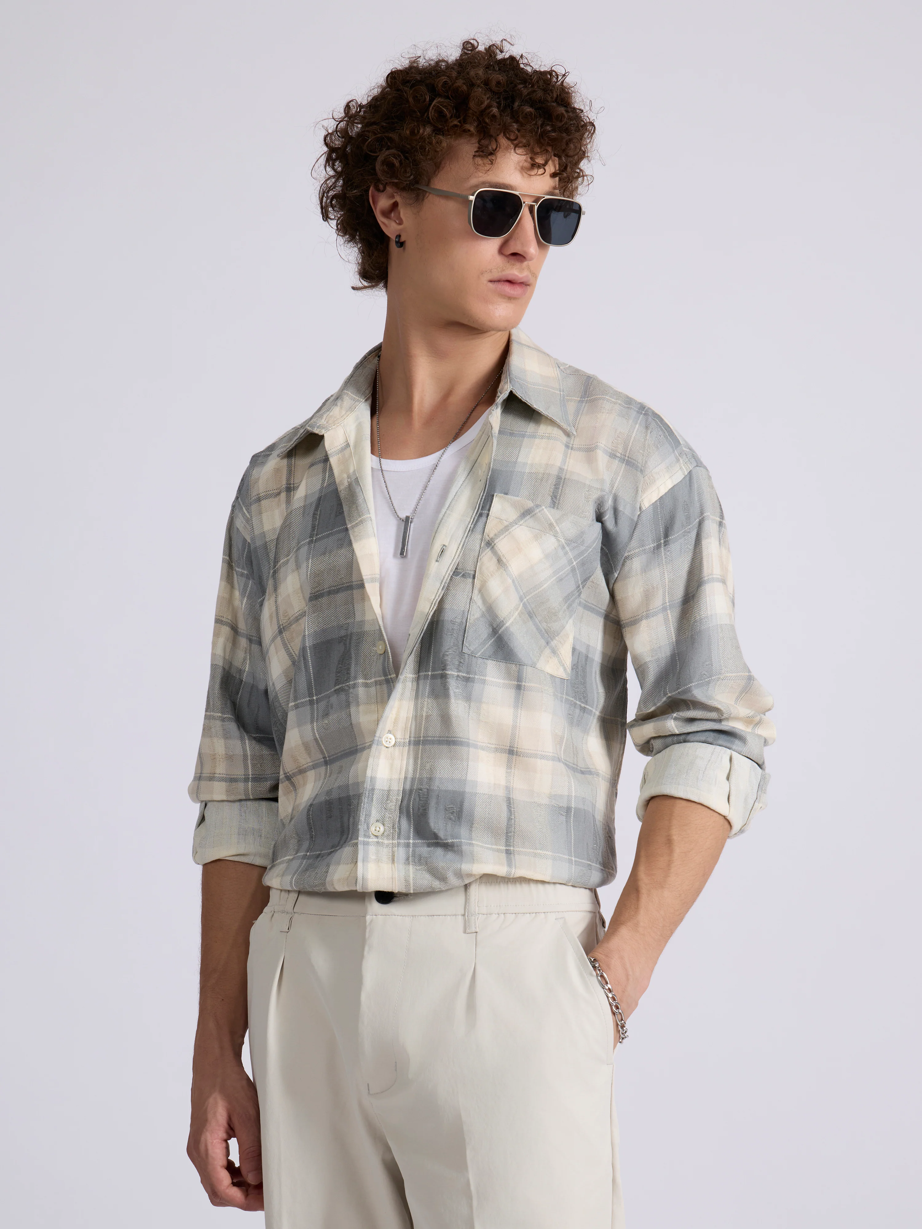 Talbot - Drop Shoulder Checks Shirt - Grey
