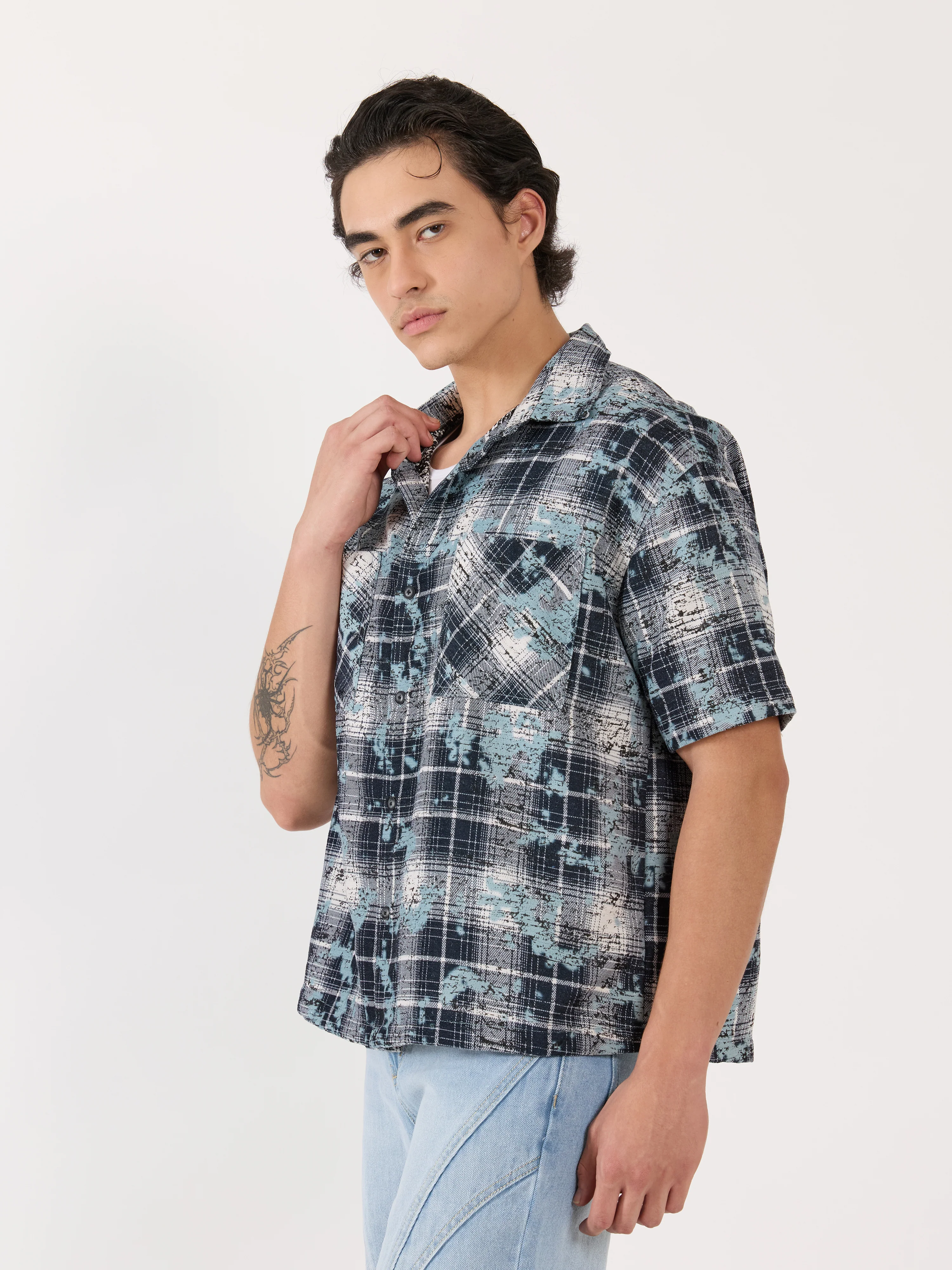 Temito - Oversized Halfsleeve Check Shirt - Blue - Image 5