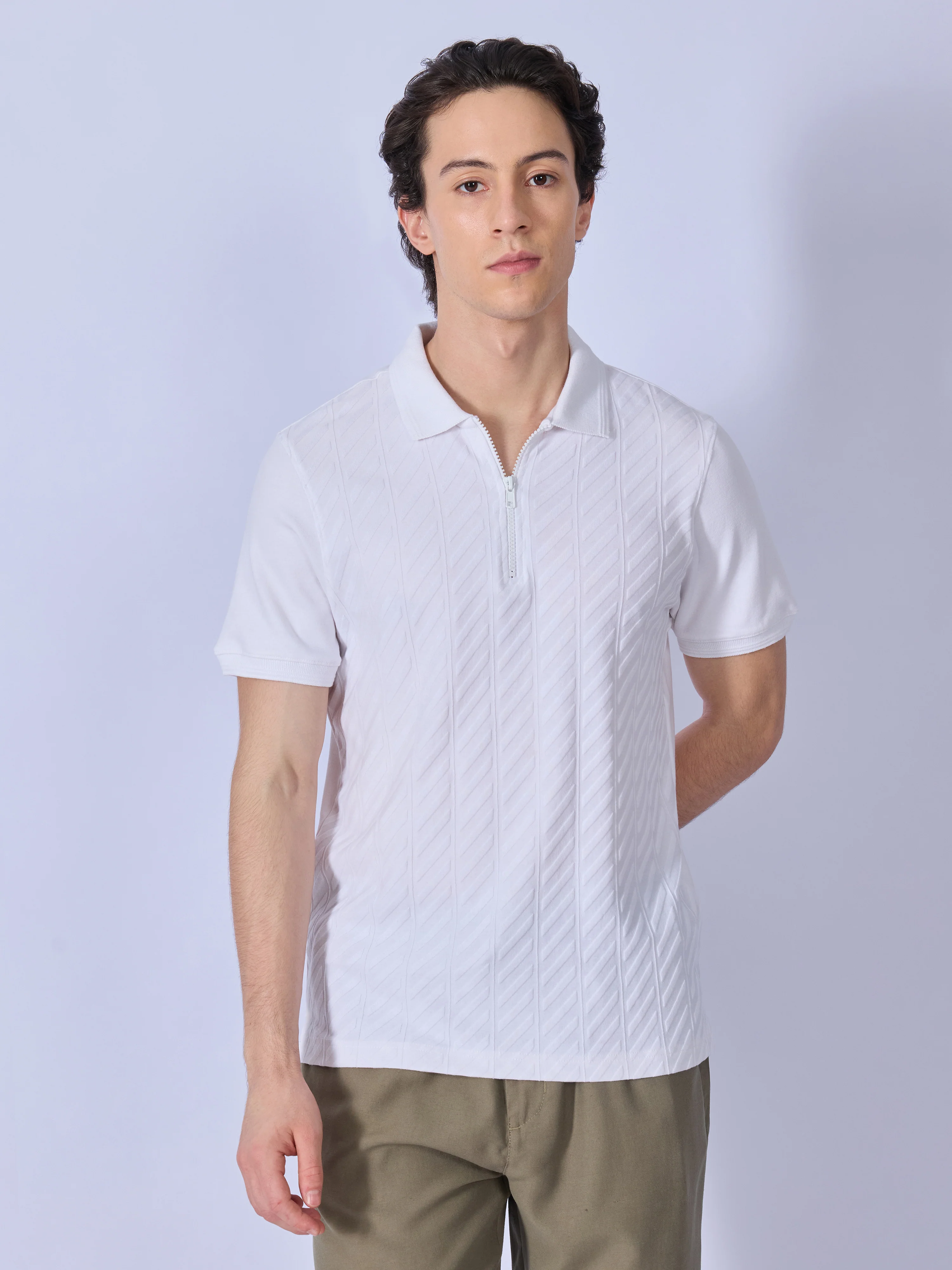 Todo - Jacquard Half-Zip Polo T-Shirt – White - Image 4