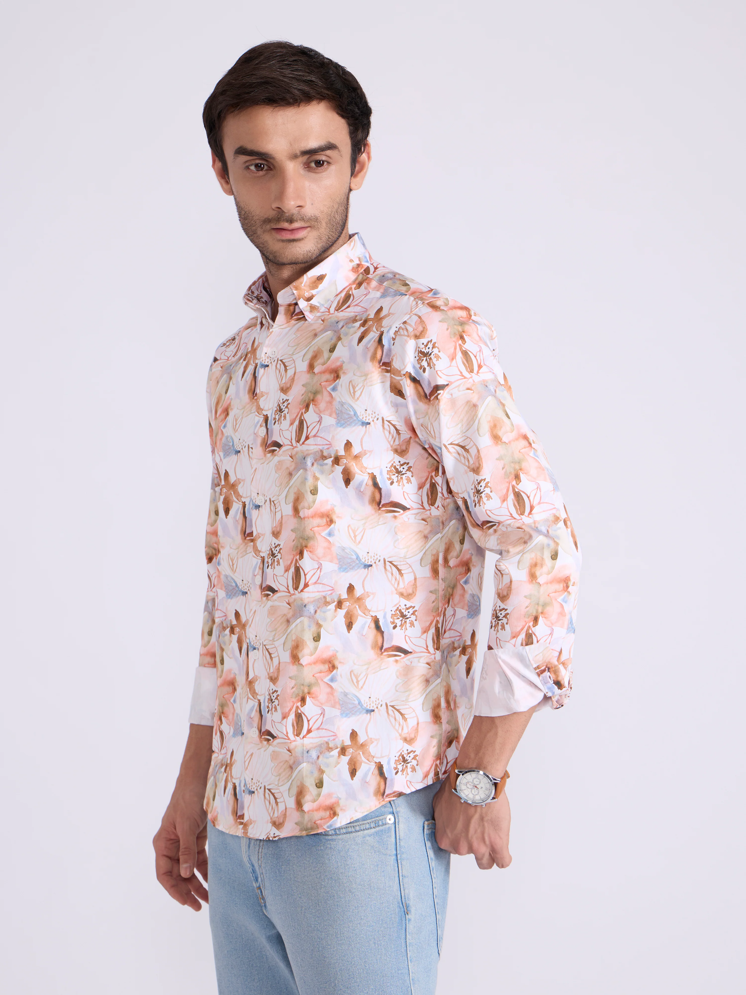 Ulfred - Satin Floral Printed Shirt - Light Orange - Image 5
