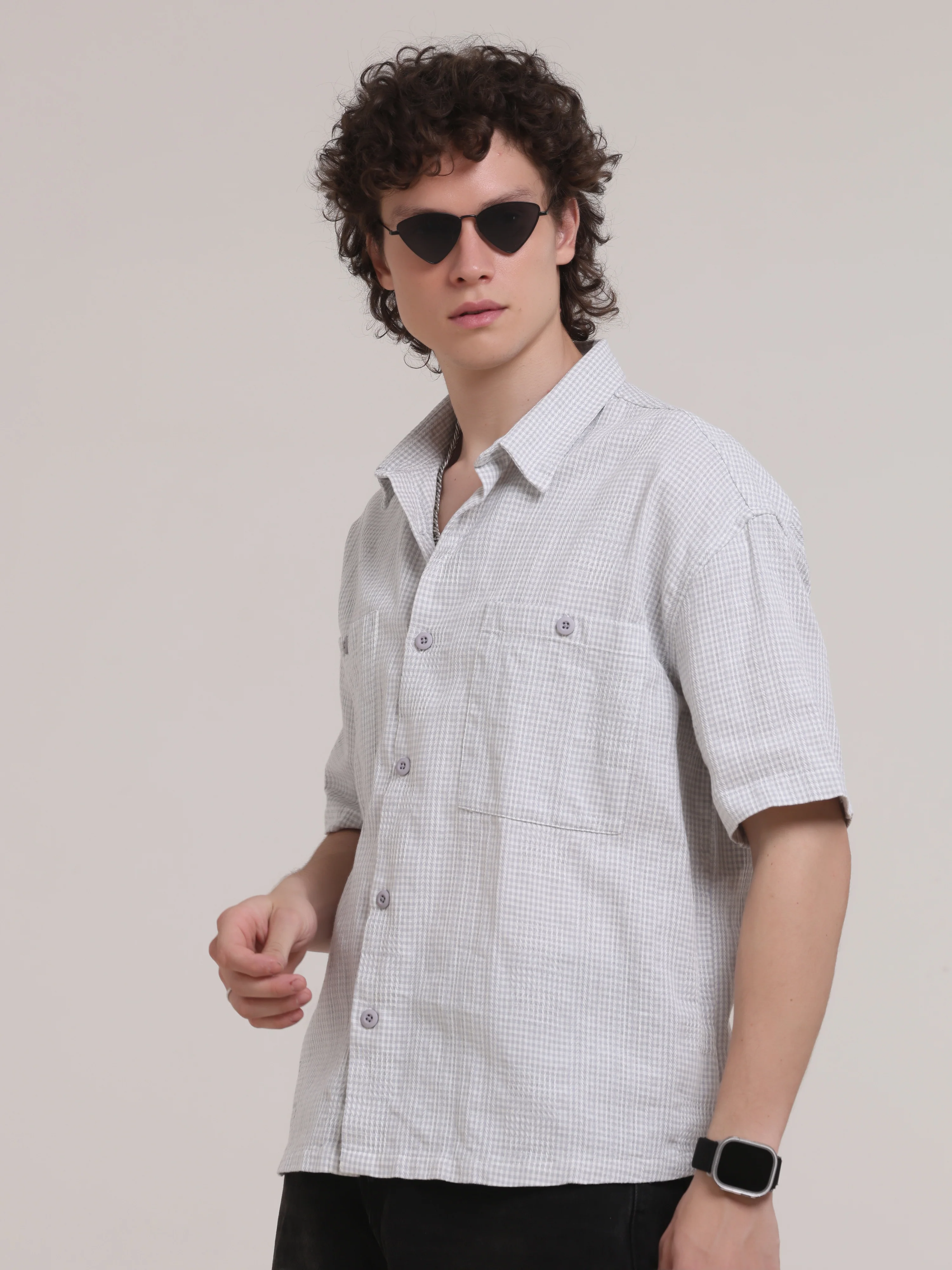 Michek Oversized Double Pocket Half Sleeve Shirt- Light Purple - Image 3