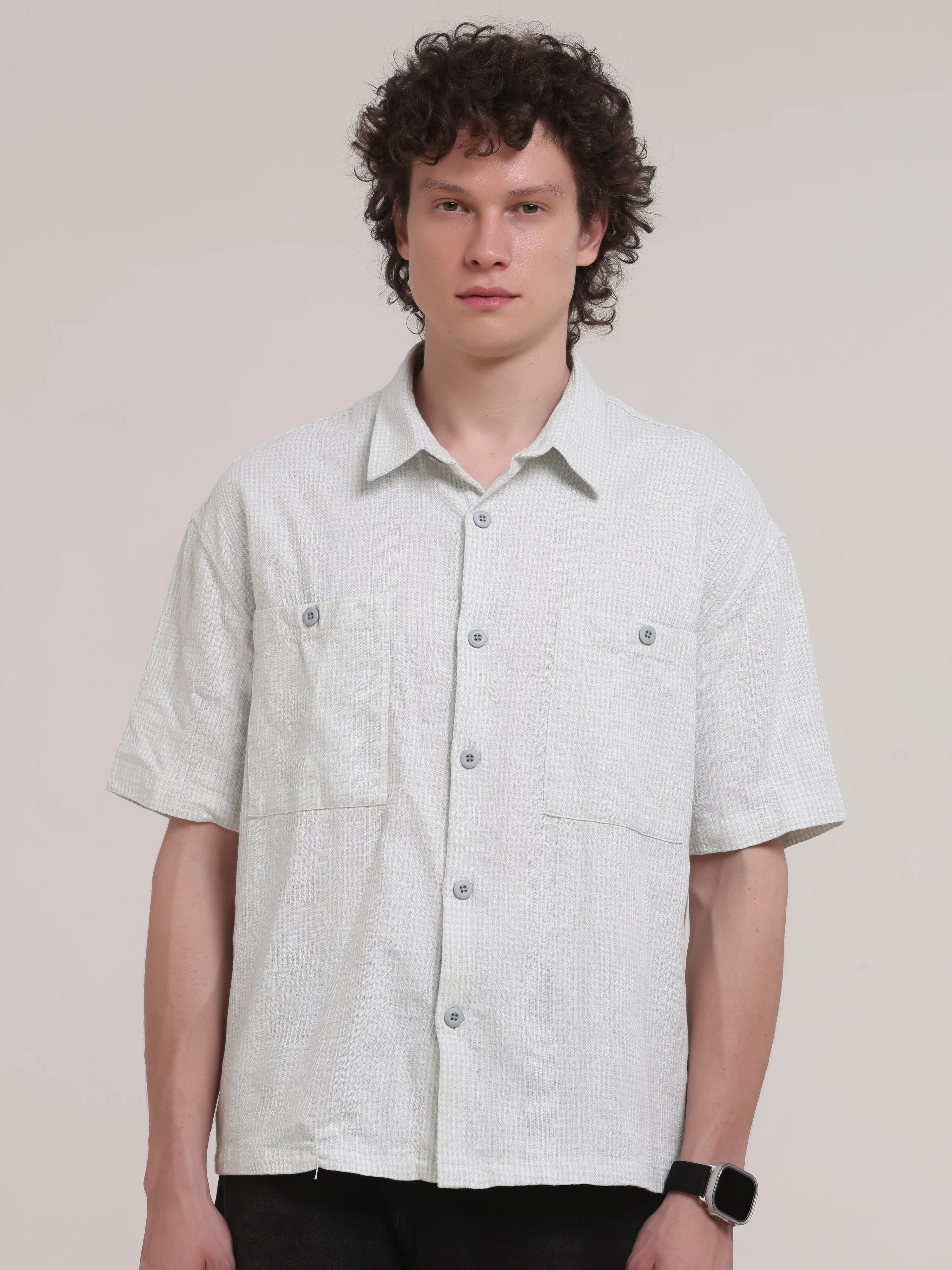 Michek Oversized Double Pocket Half Sleeve Shirt- Green - Image 3
