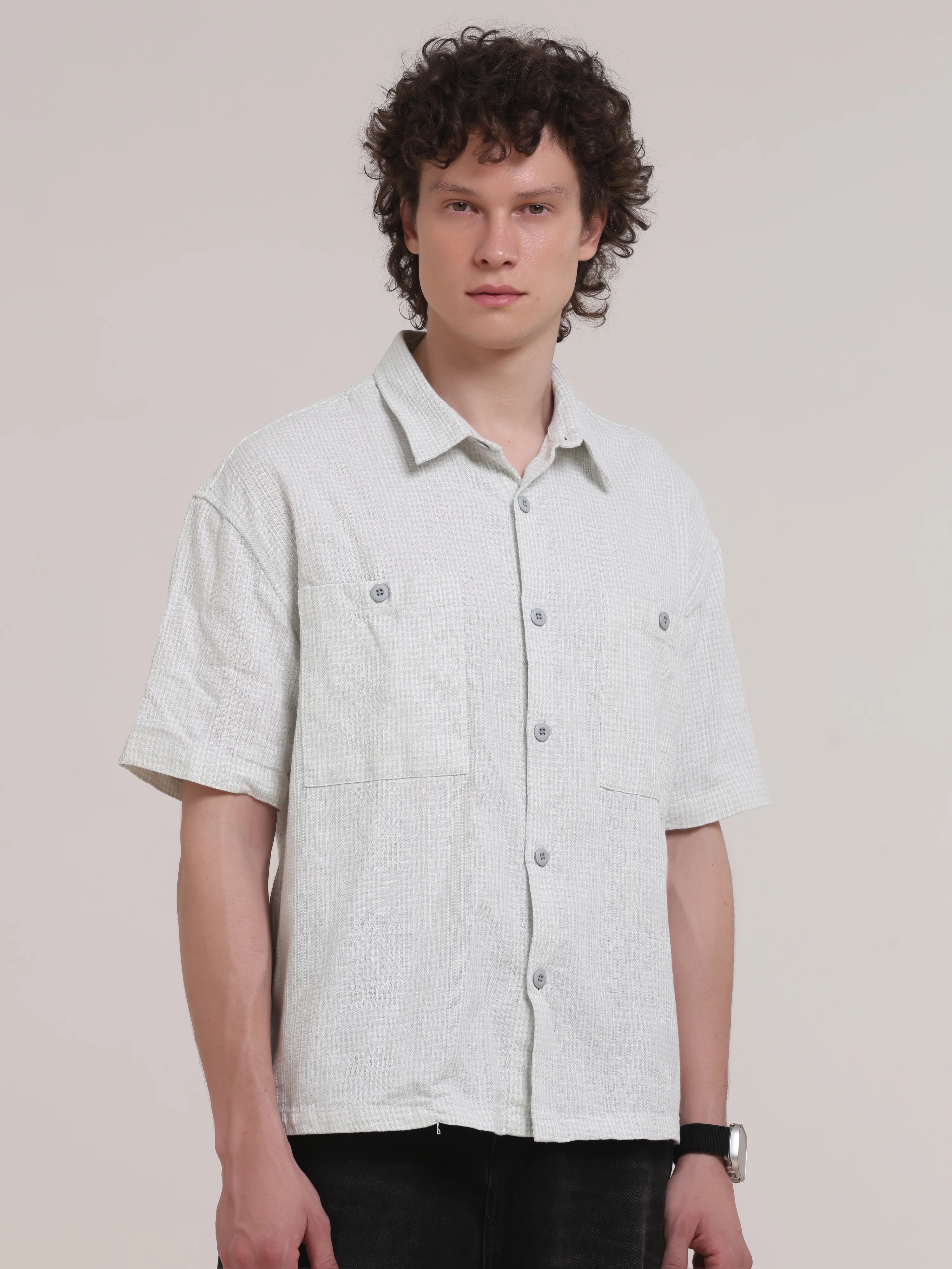 Michek Oversized Double Pocket Half Sleeve Shirt- Green - Image 5