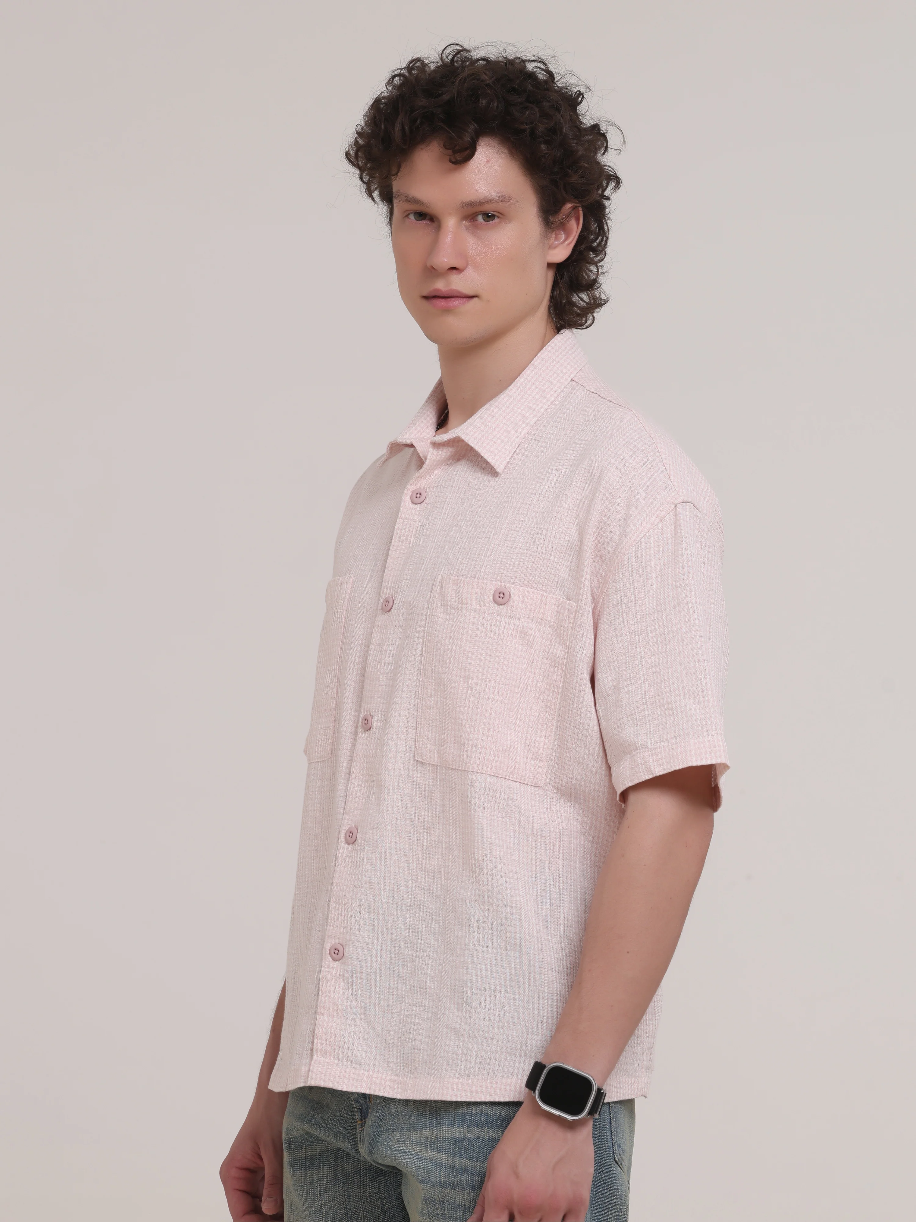 Michek Oversized Double Pocket Half Sleeve Shirt- Light Pink - Image 3