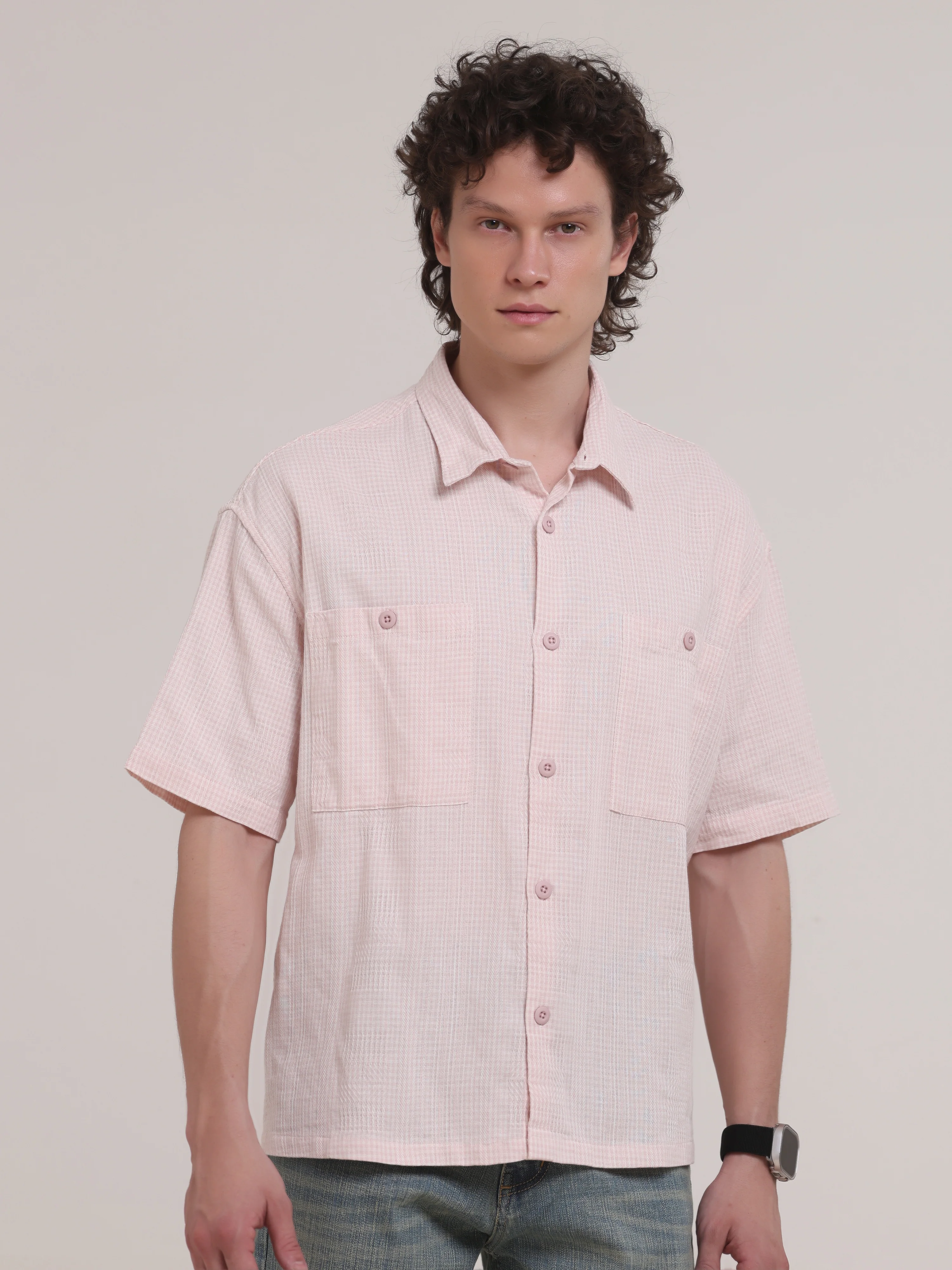 Michek Oversized Double Pocket Half Sleeve Shirt- Light Pink - Image 5