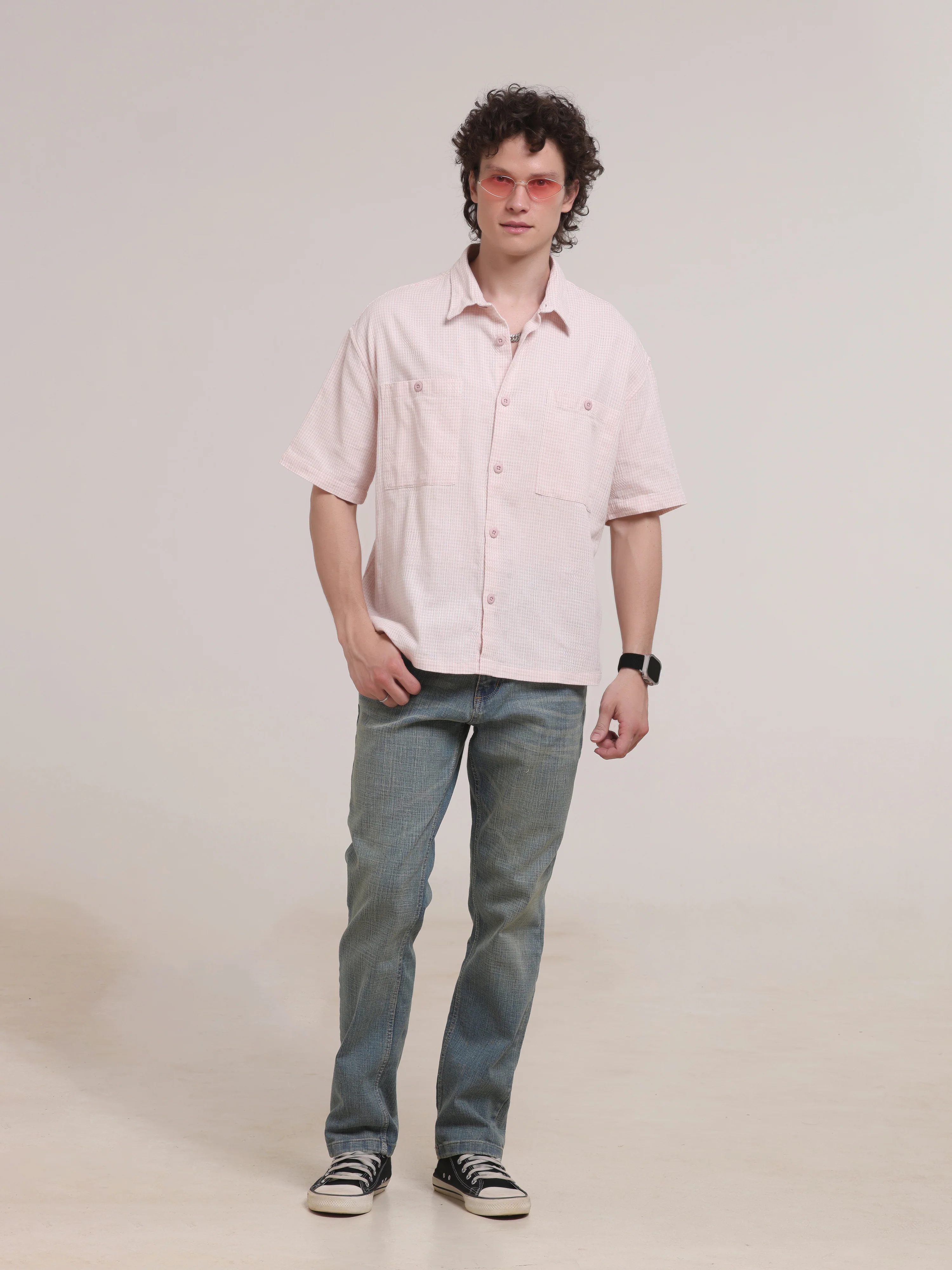Michek Oversized Double Pocket Half Sleeve Shirt- Light Pink - Image 6