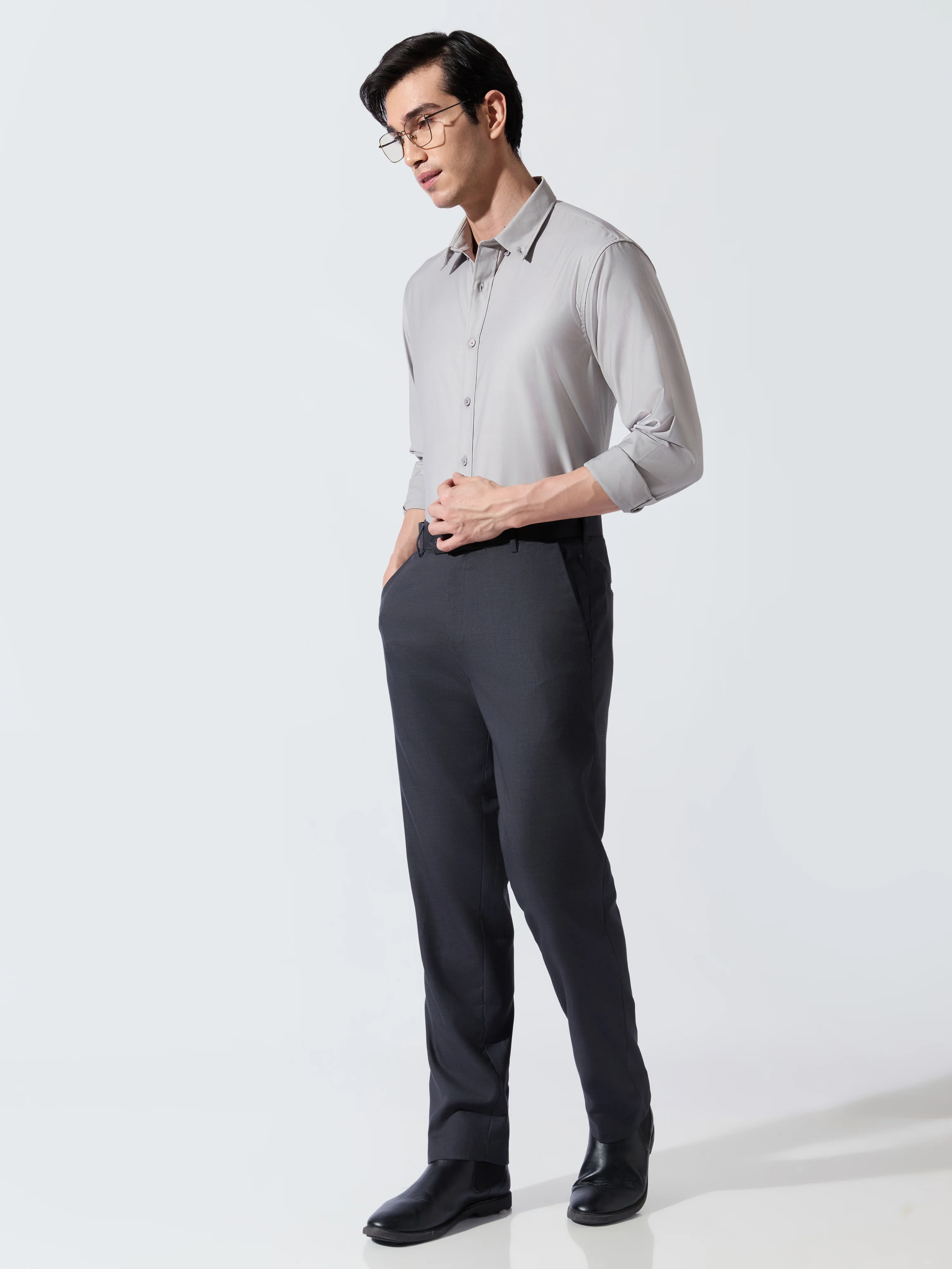 Vosha - Relaxed Fit Plain Shirt - Light Grey - Image 2