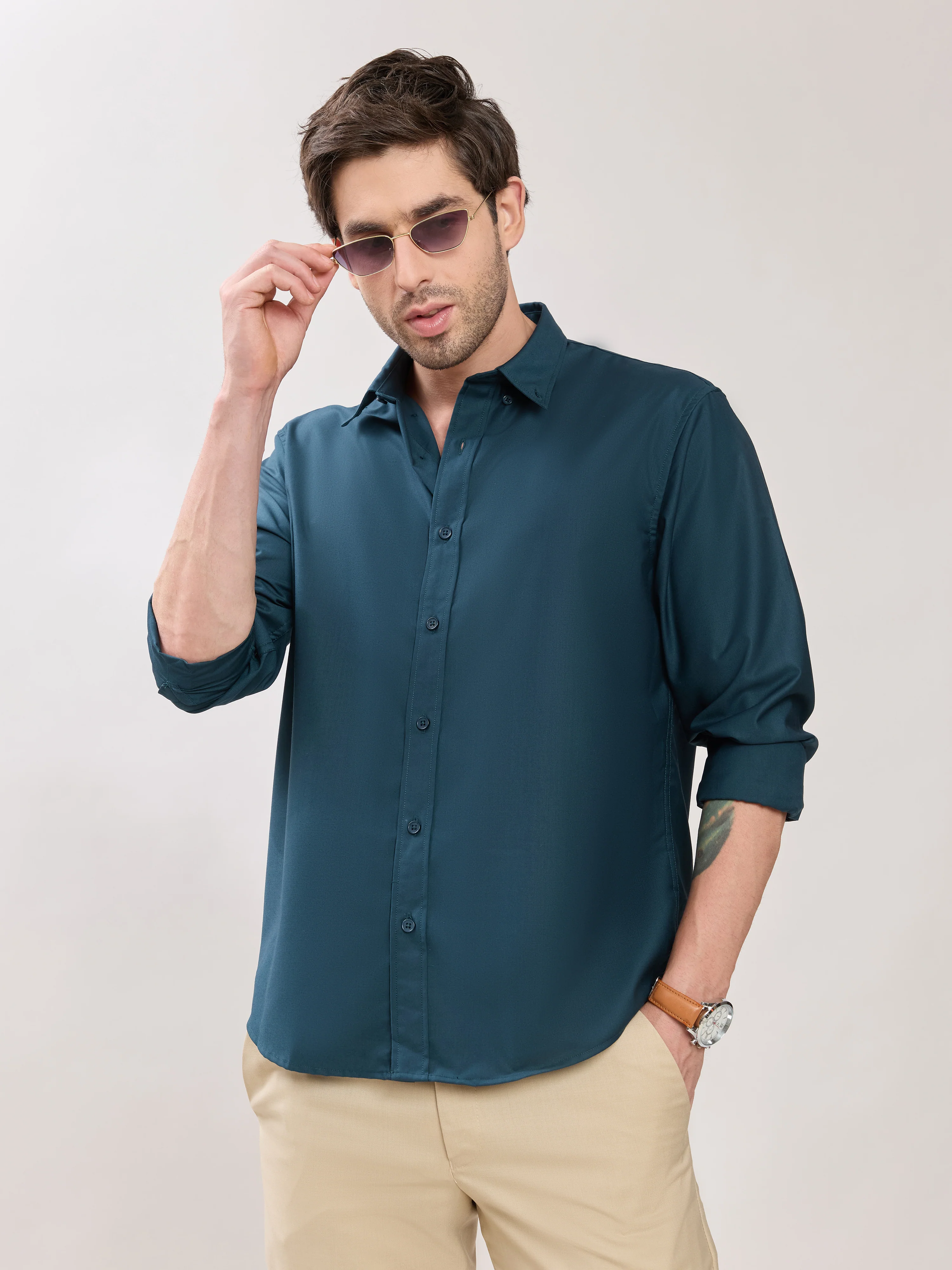 Vosha - Relaxed Fit Plain Shirt - Teal Blue
