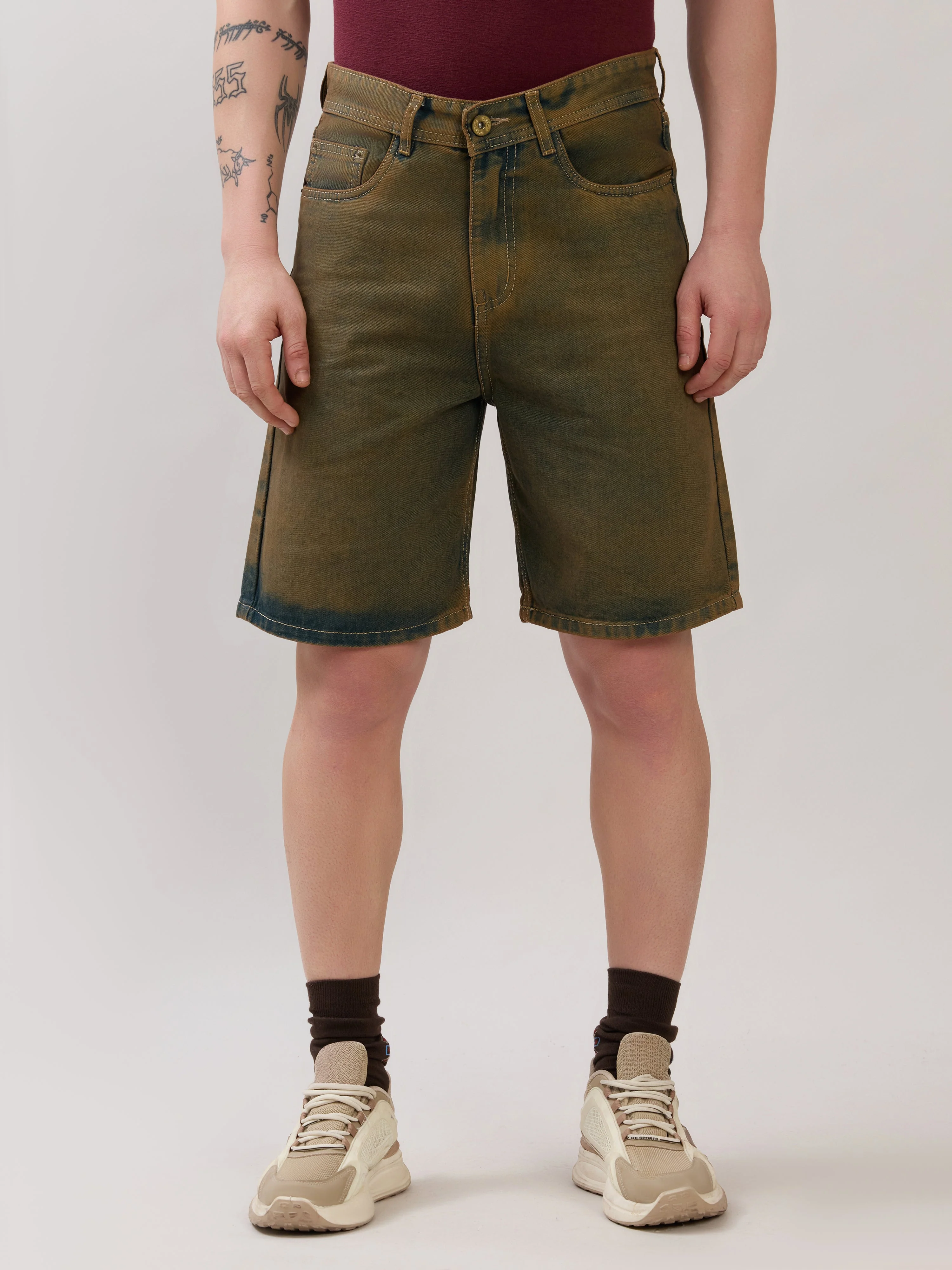 Wax - Relaxed Fit Tint Washed Denim Shorts - Rust - Image 4