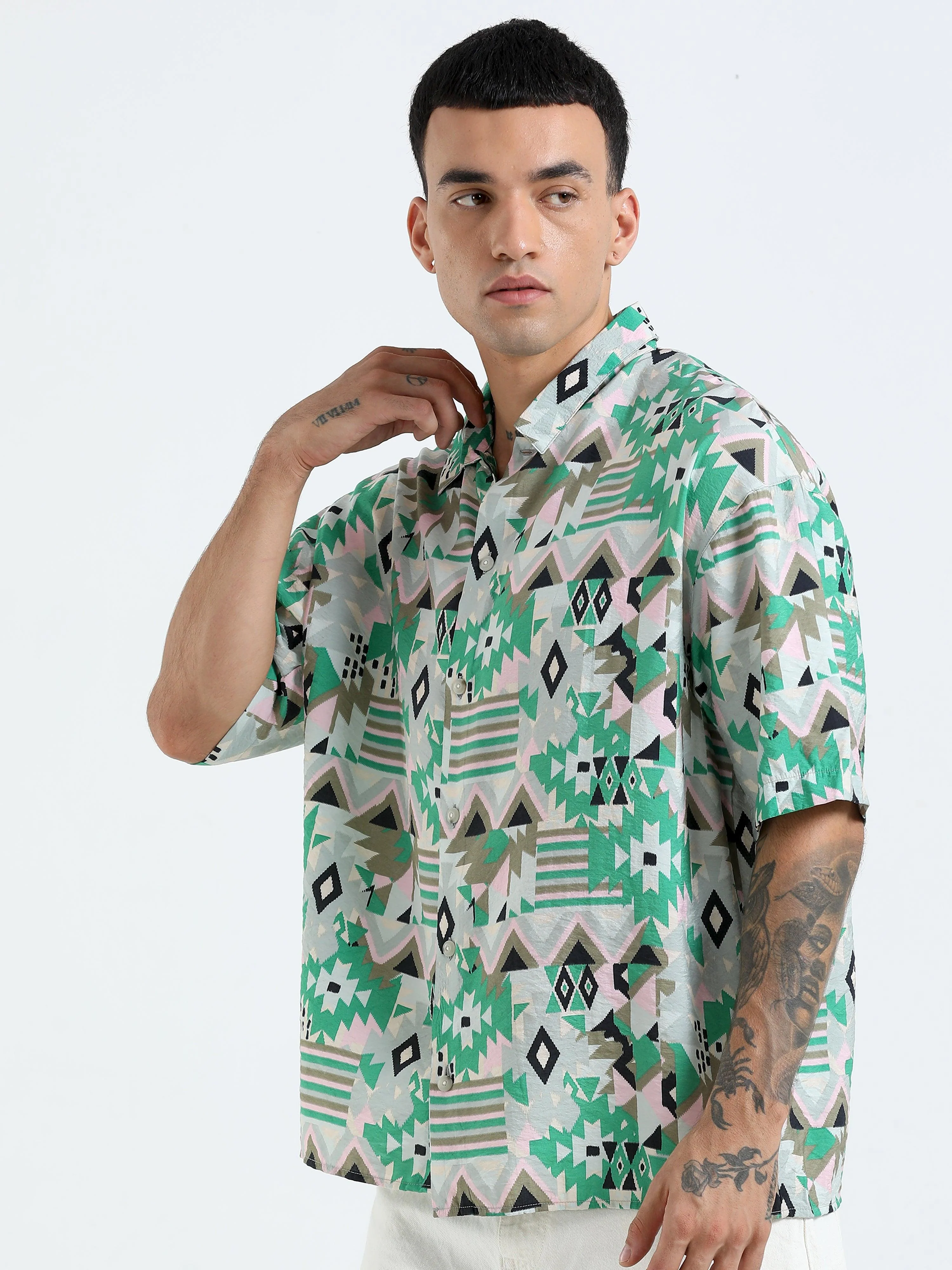 Whisp Cropped Baggy Geometric Printed Shirt - Green - Image 3