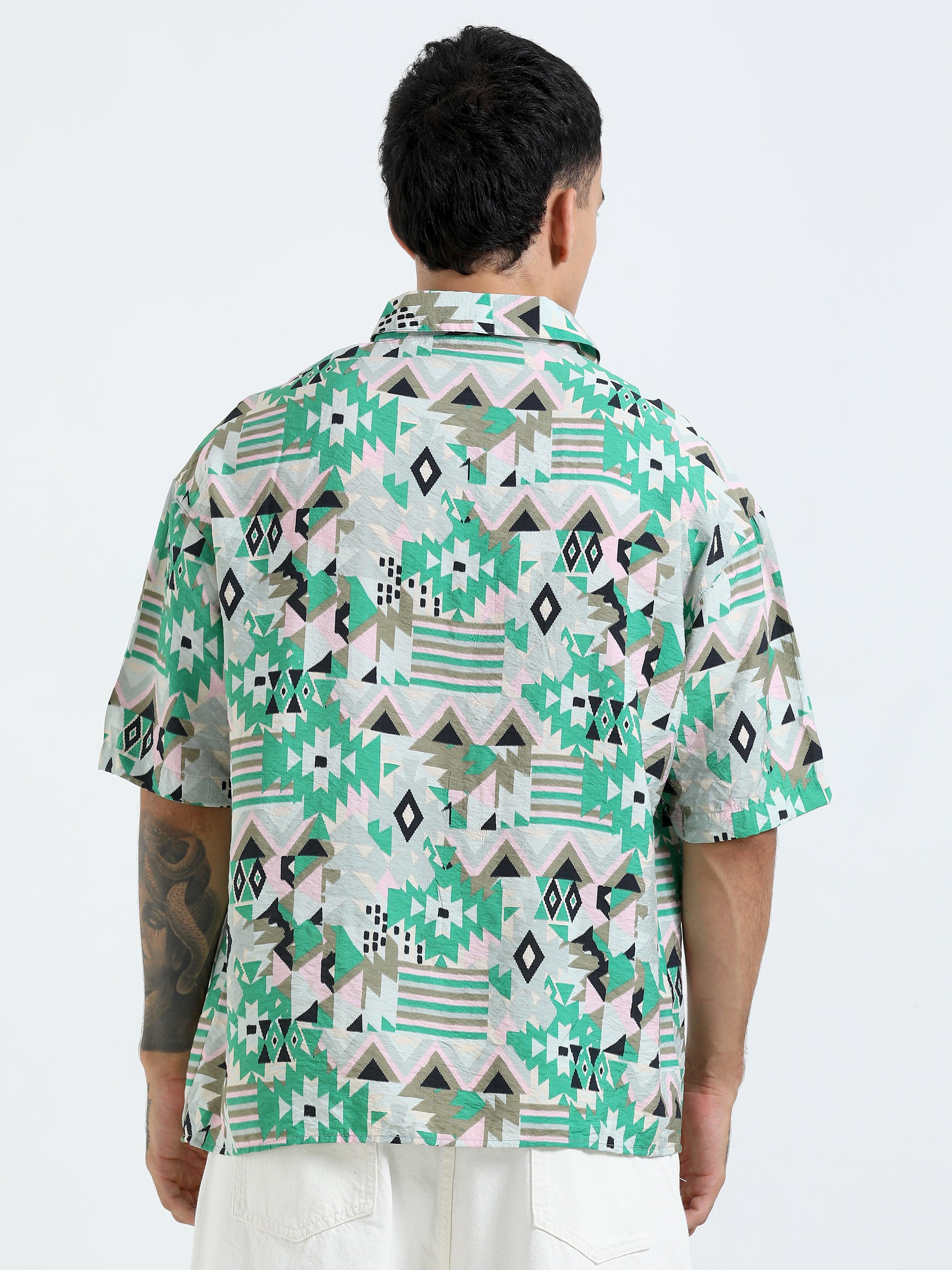 Whisp Cropped Baggy Geometric Printed Shirt - Green - Image 4
