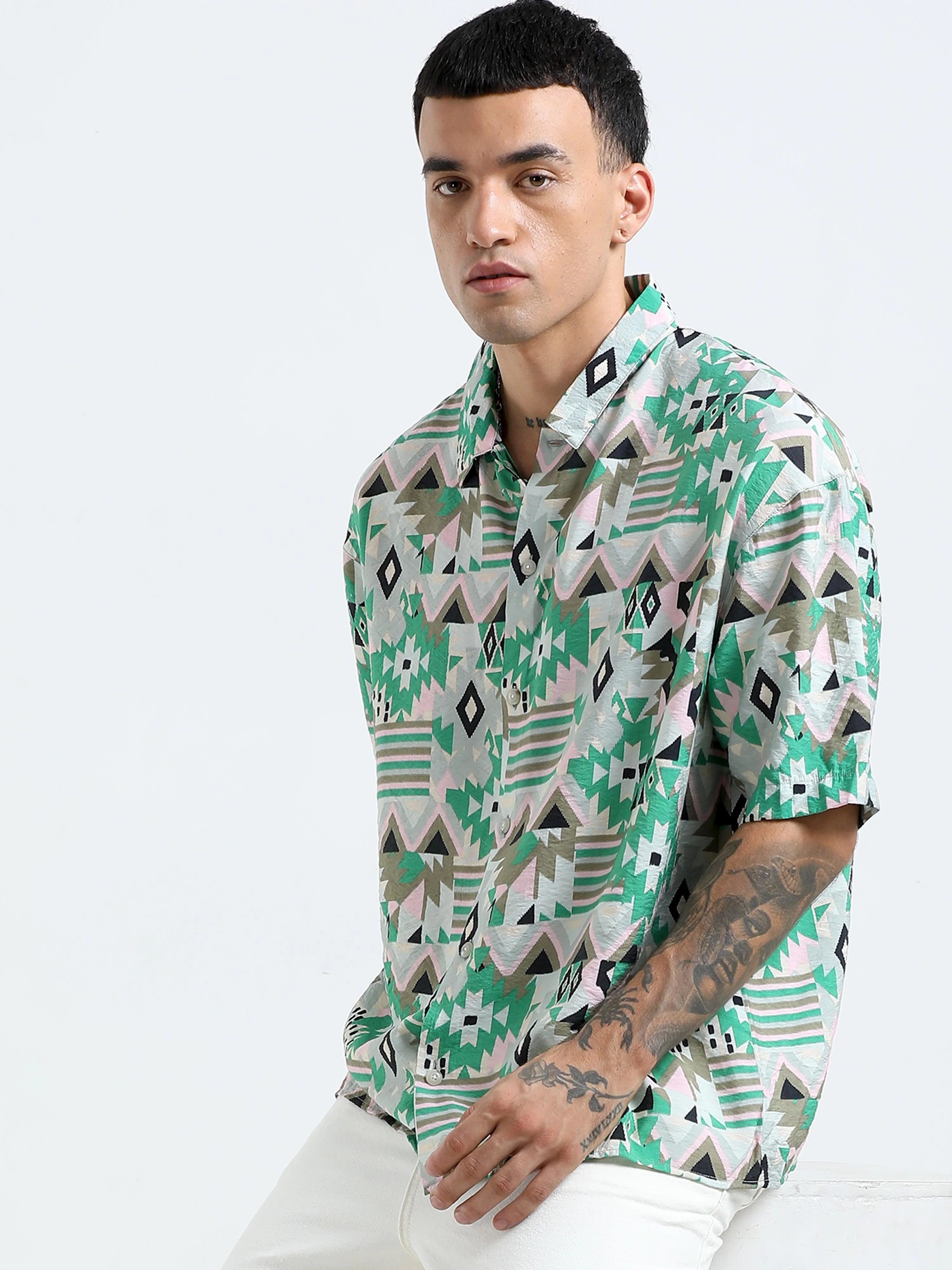 Whisp Cropped Baggy Geometric Printed Shirt - Green - Image 5