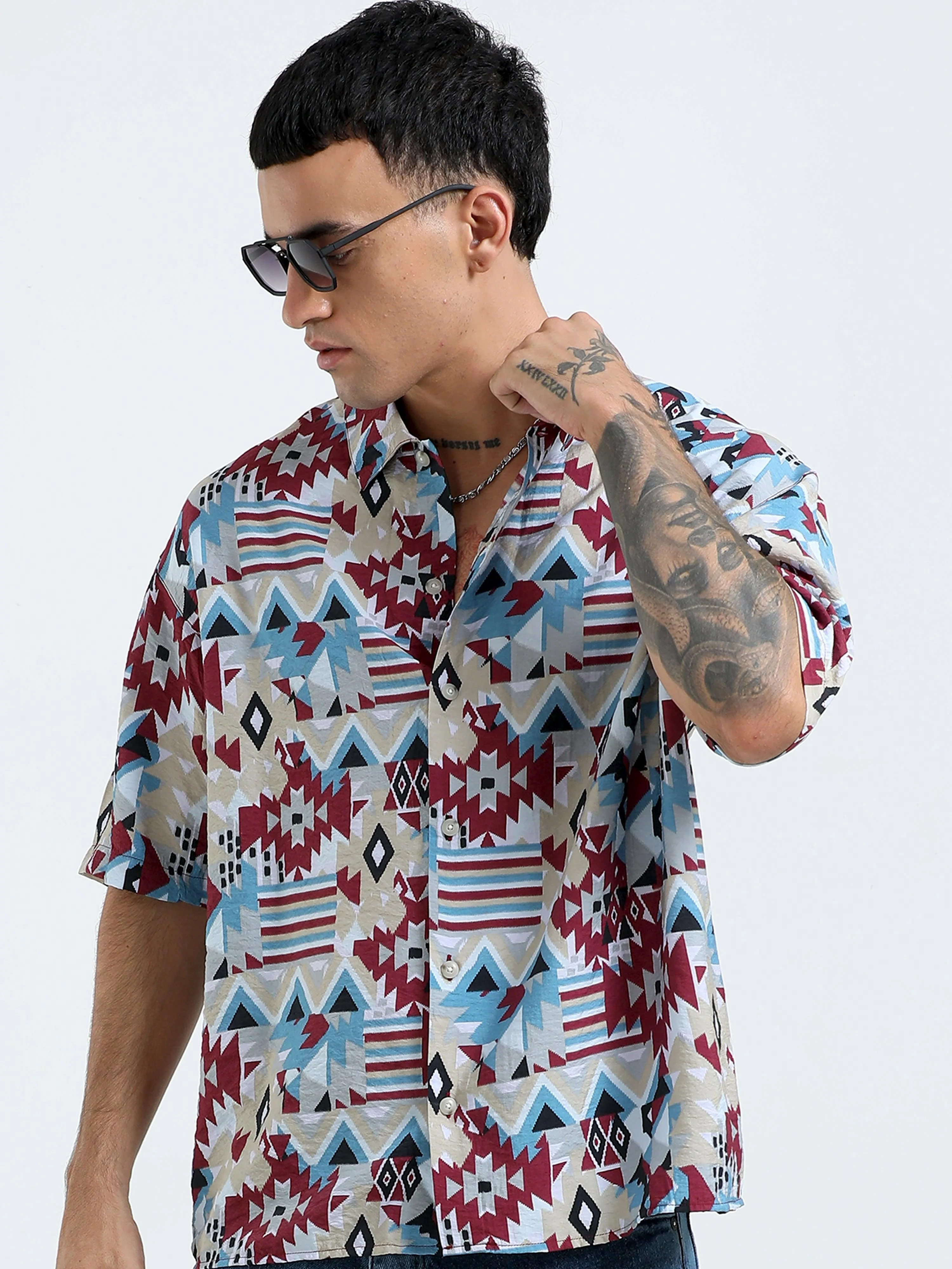 Whisp Cropped Baggy Geometric Printed Shirt - Maroon - Image 3