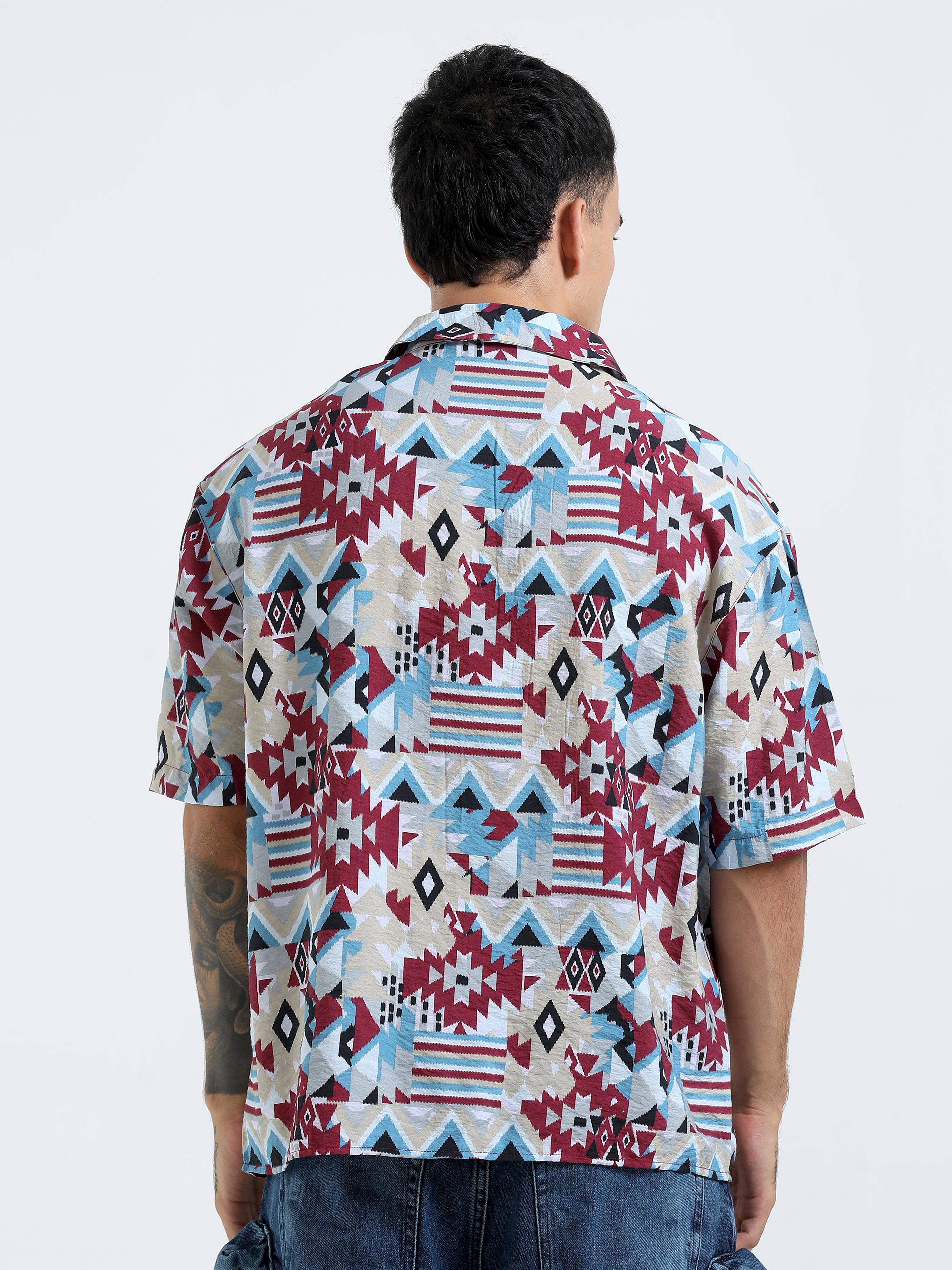 Whisp Cropped Baggy Geometric Printed Shirt - Maroon - Image 4
