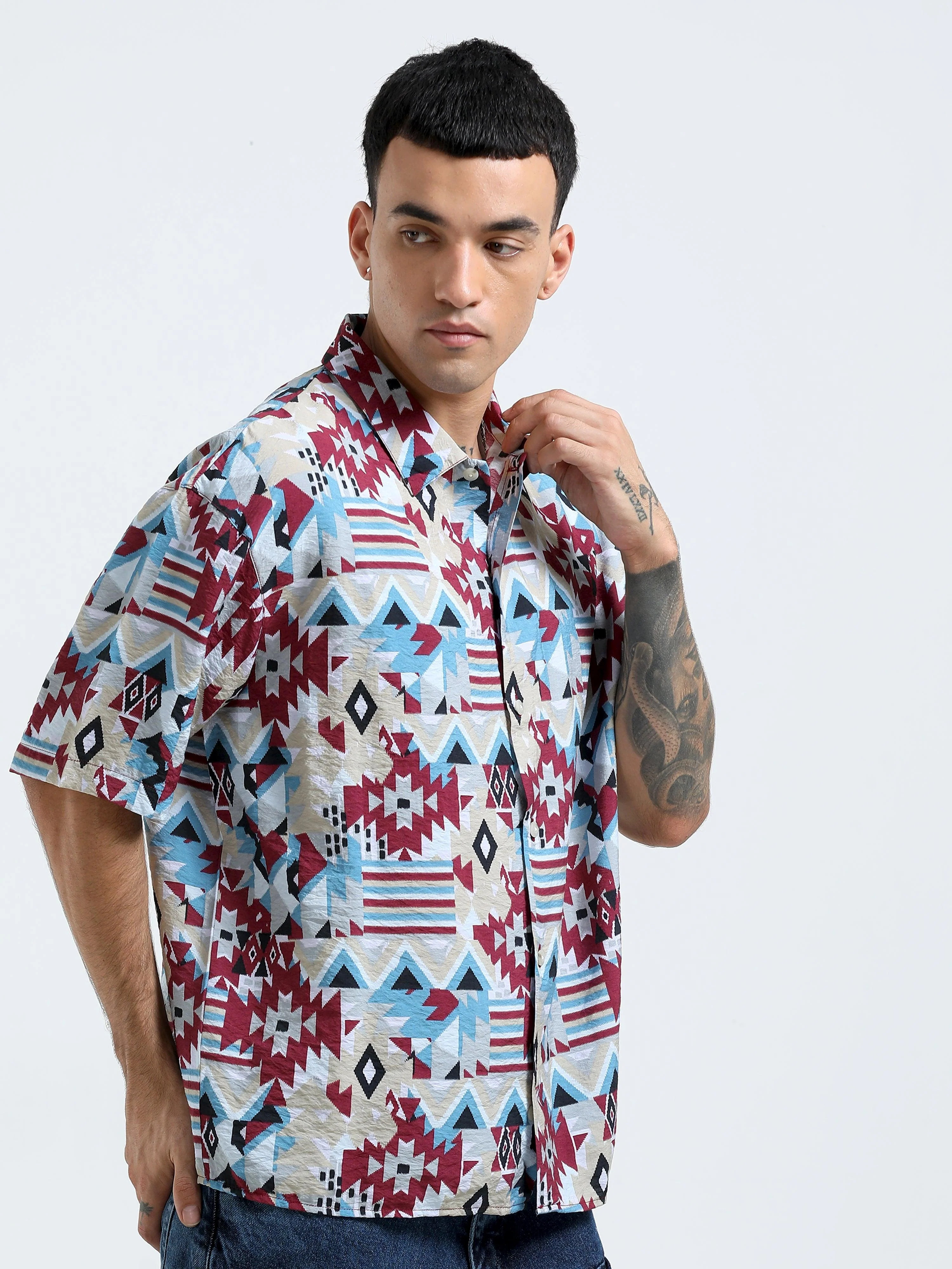 Whisp Cropped Baggy Geometric Printed Shirt - Maroon - Image 5