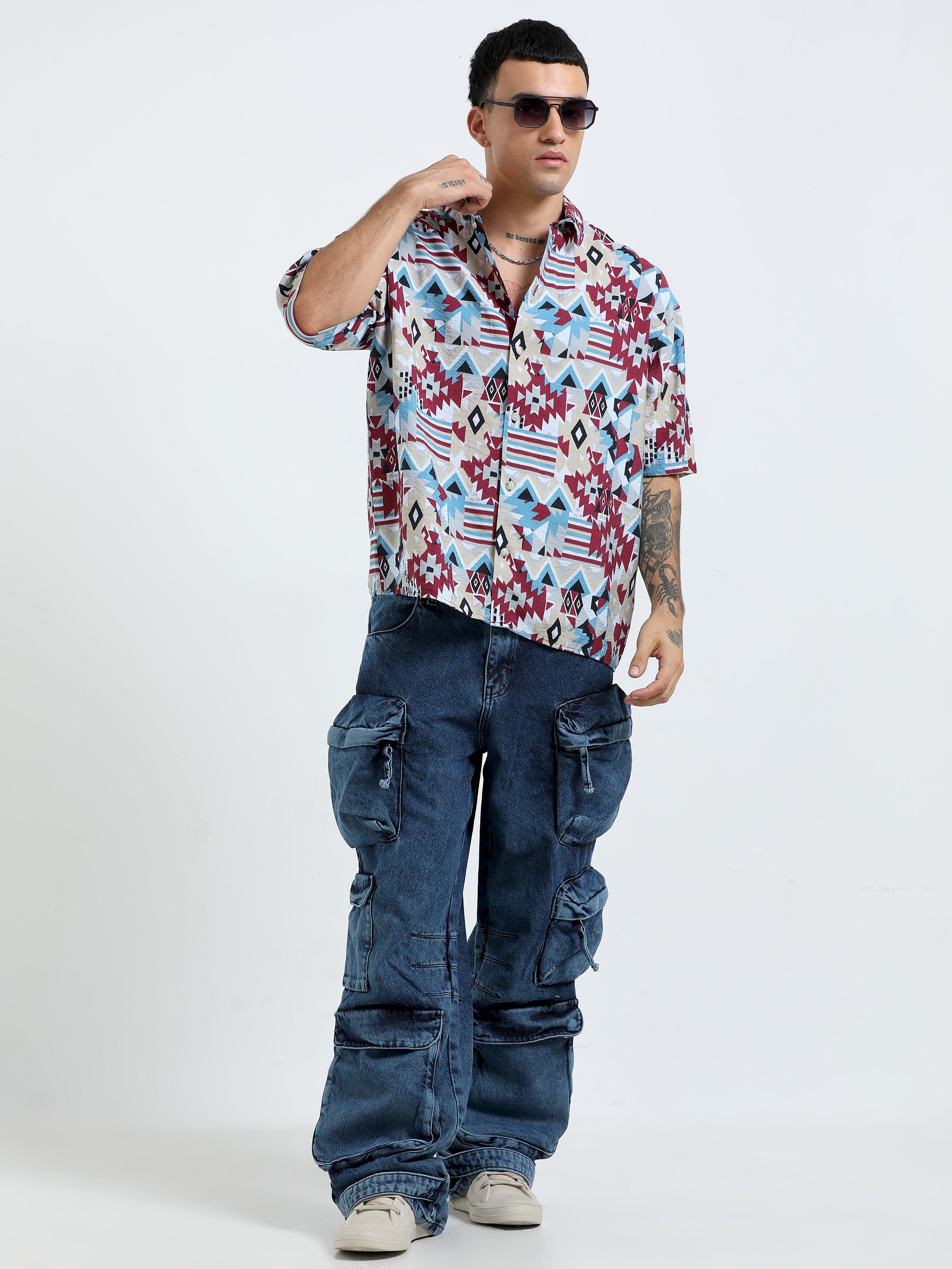 Whisp Cropped Baggy Geometric Printed Shirt - Maroon - Image 6
