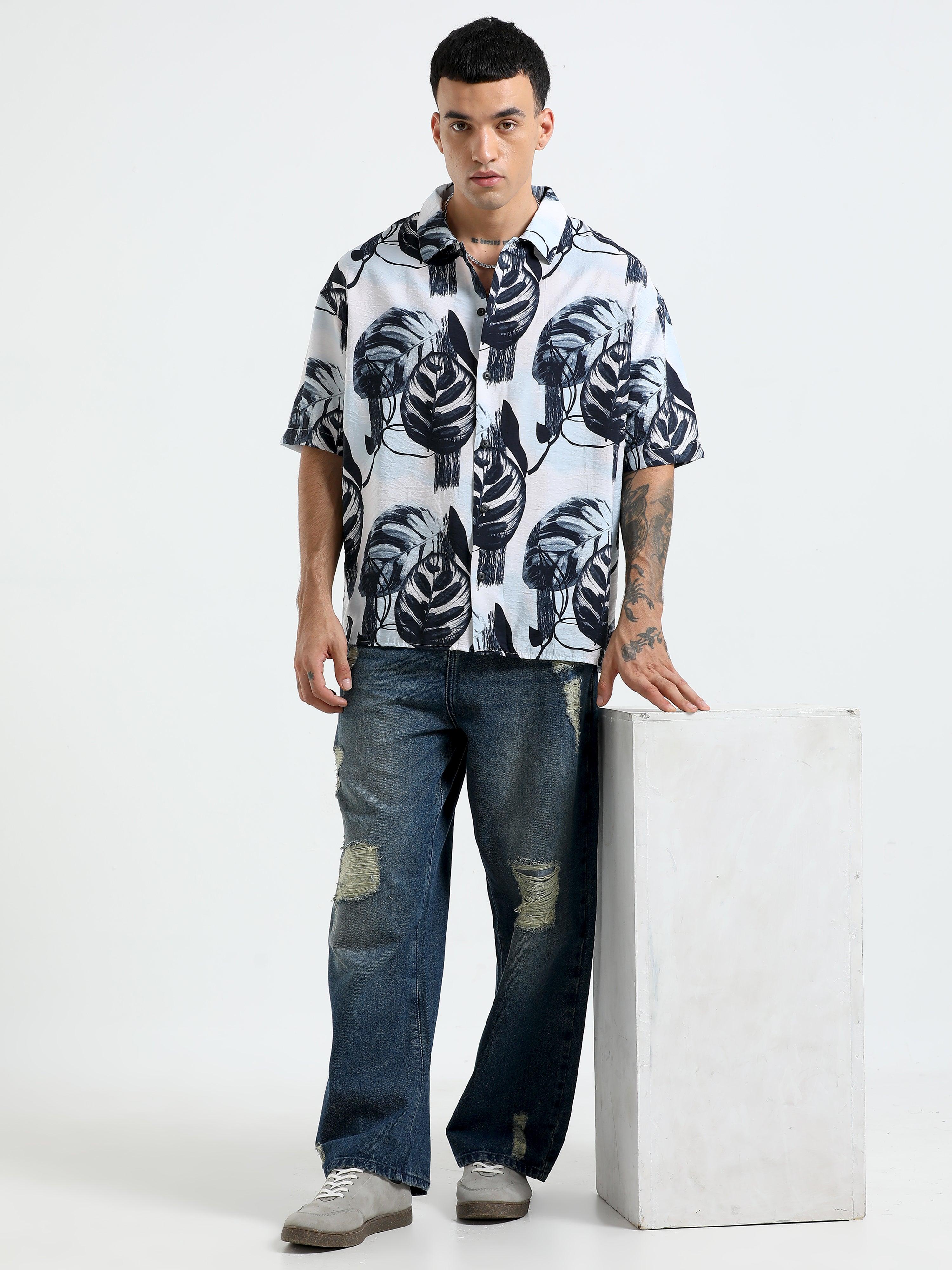 Whisp Cropped Baggy Floral Printed Shirt - Blue - Image 5