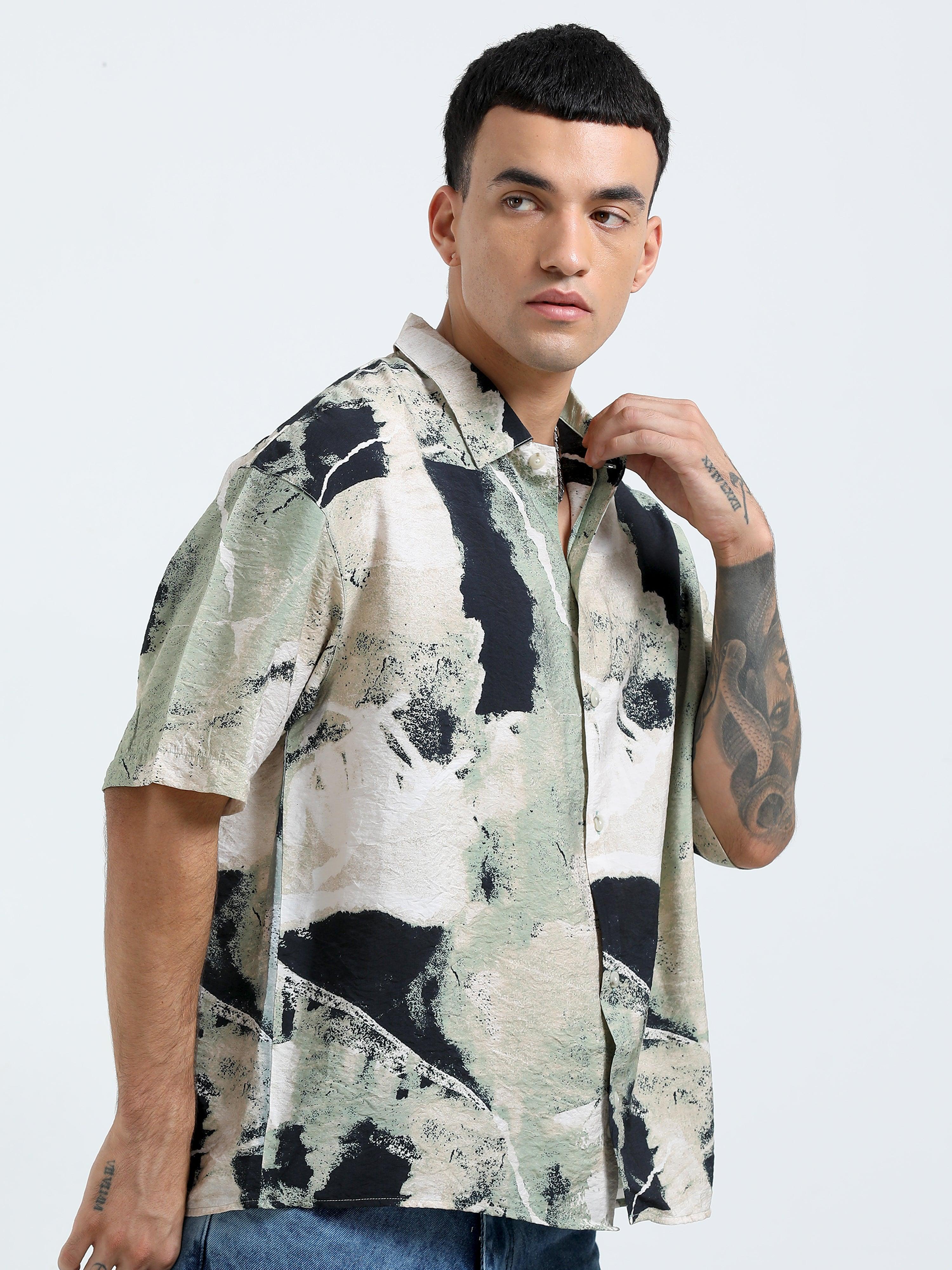 Whisp Cropped Baggy Abstract Printed Shirt -Dark Sea Green - Image 3