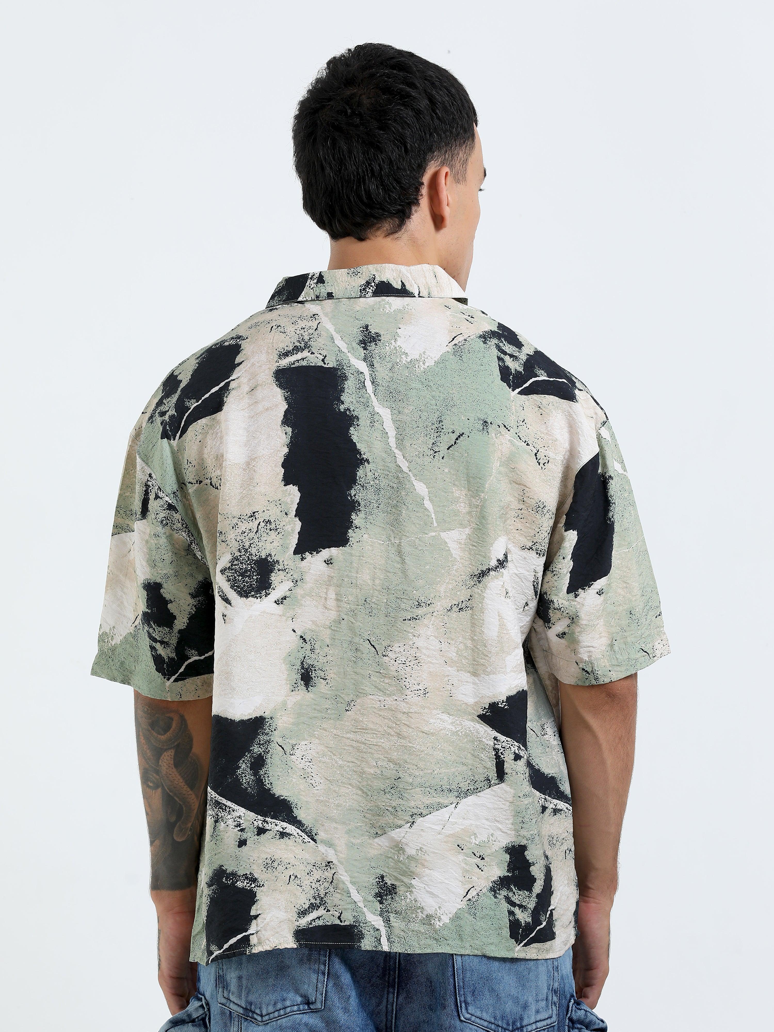 Whisp Cropped Baggy Abstract Printed Shirt -Dark Sea Green - Image 4