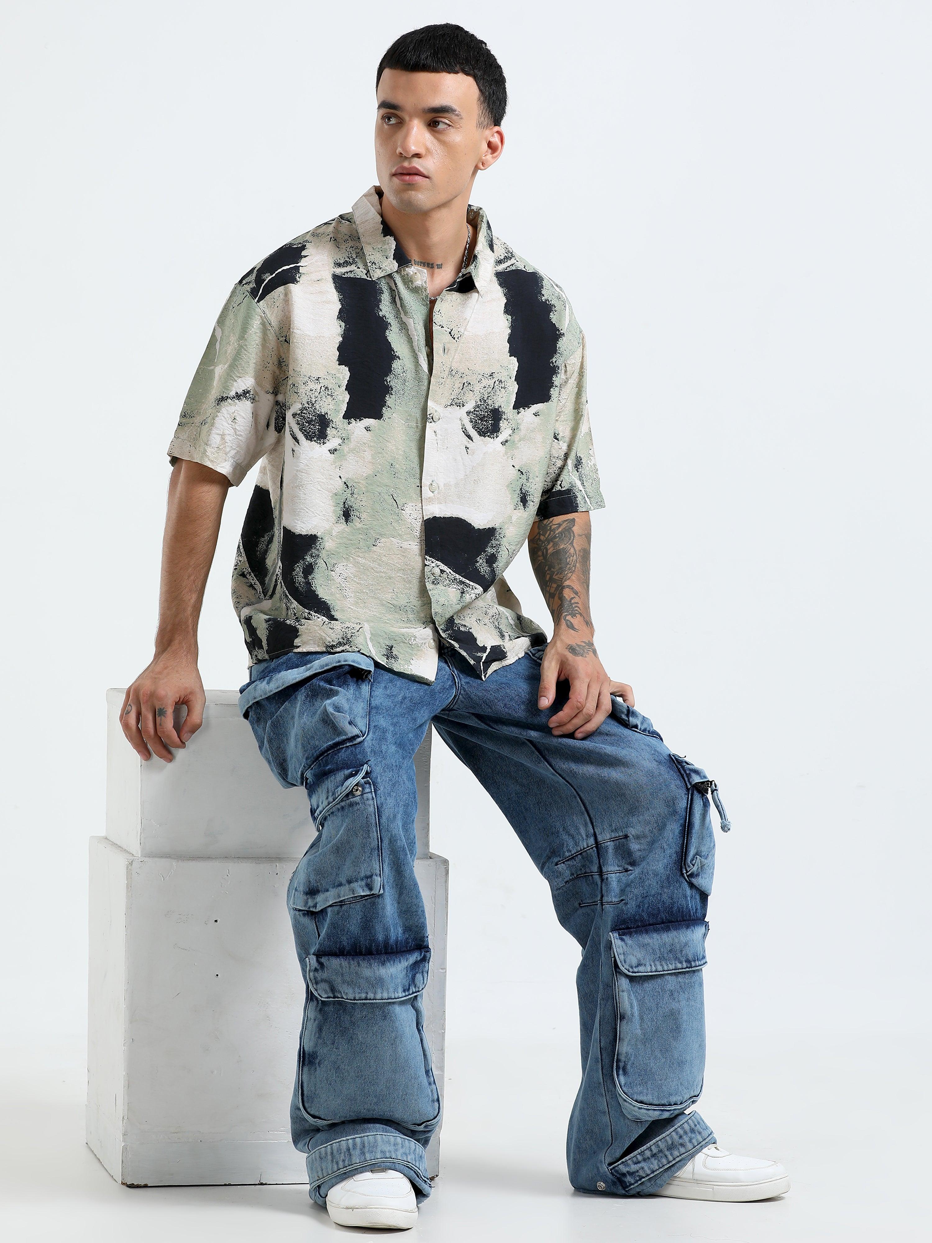Whisp Cropped Baggy Abstract Printed Shirt -Dark Sea Green - Image 5