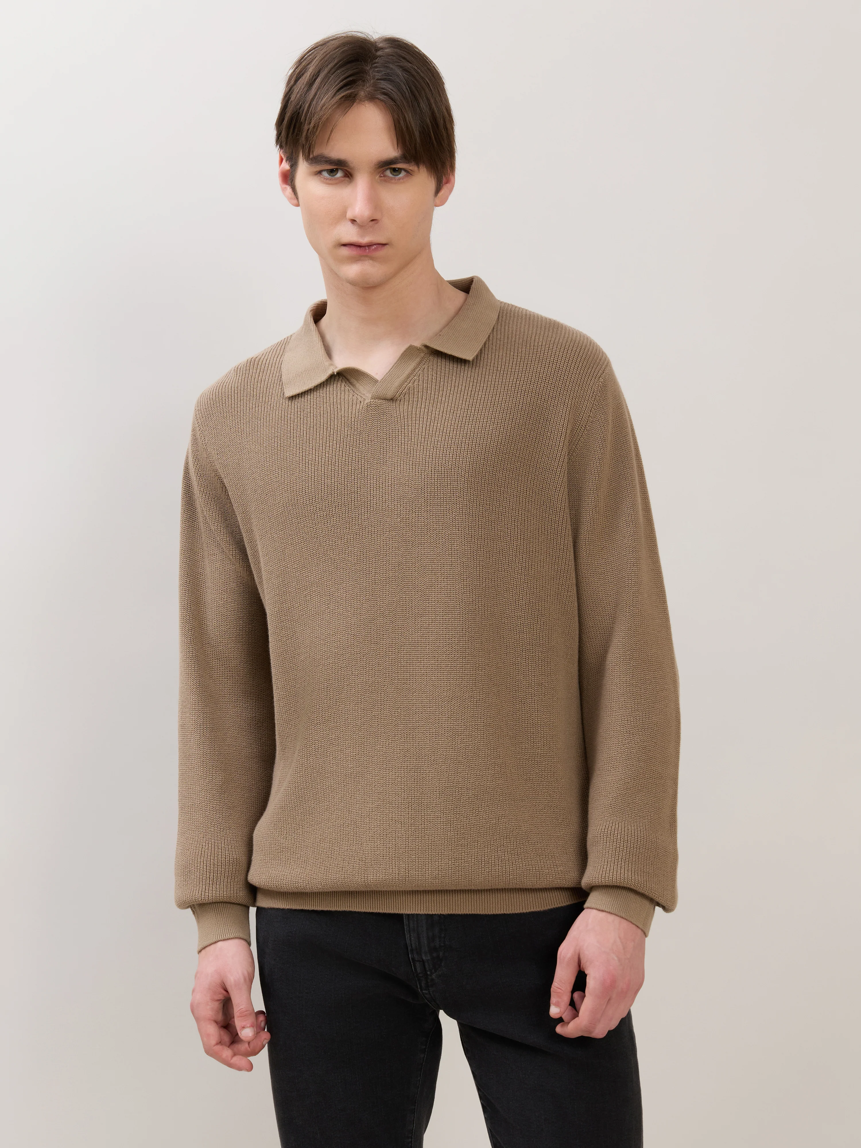 Xosio-1 - Regular Knitted Polo Sweater - Dark Beige - Image 4