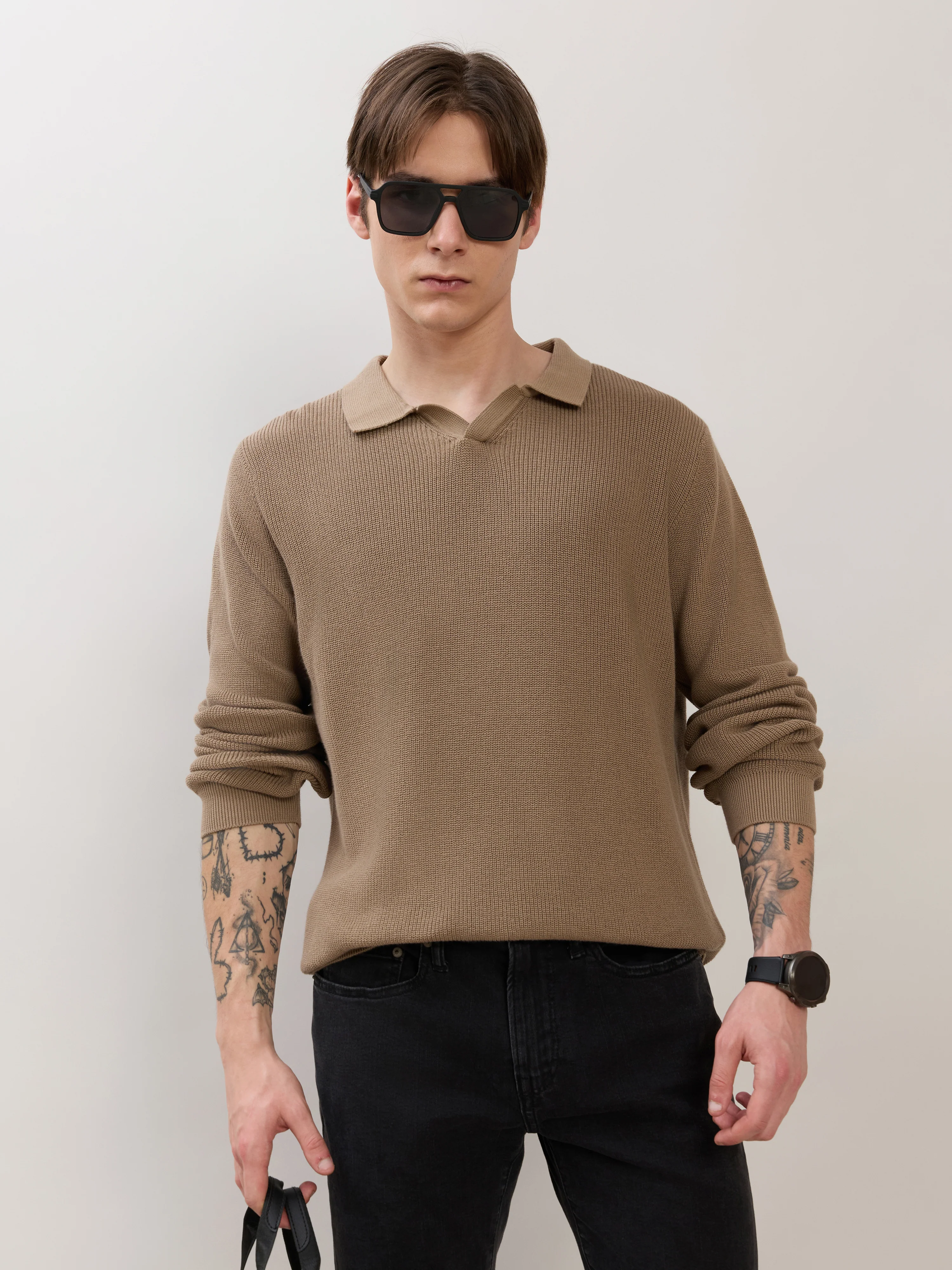Xosio-1 - Regular Knitted Polo Sweater - Dark Beige - Image 5