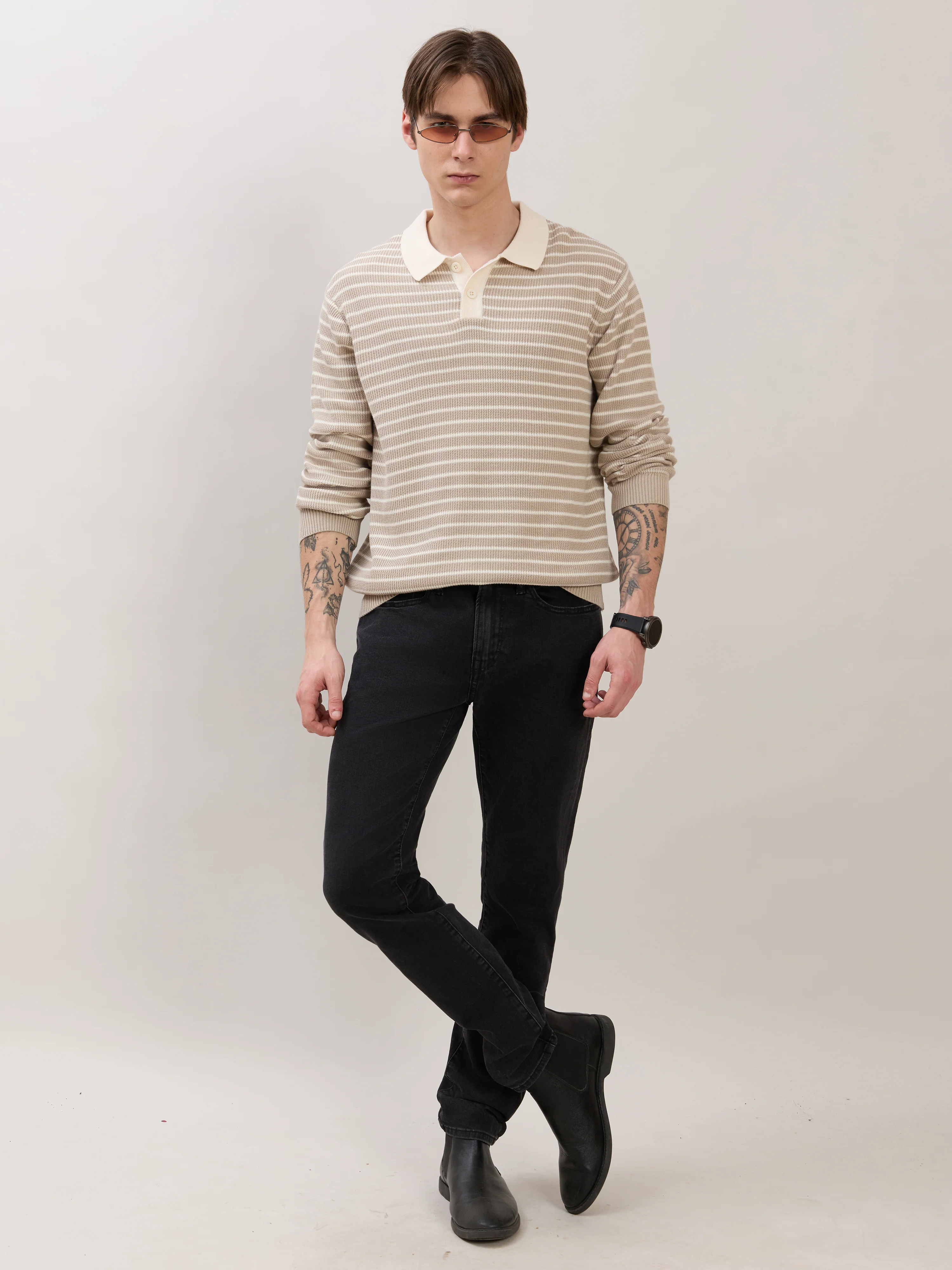 Xosio-2 - Regular Striped Knit Polo Sweater - Beige - Image 2