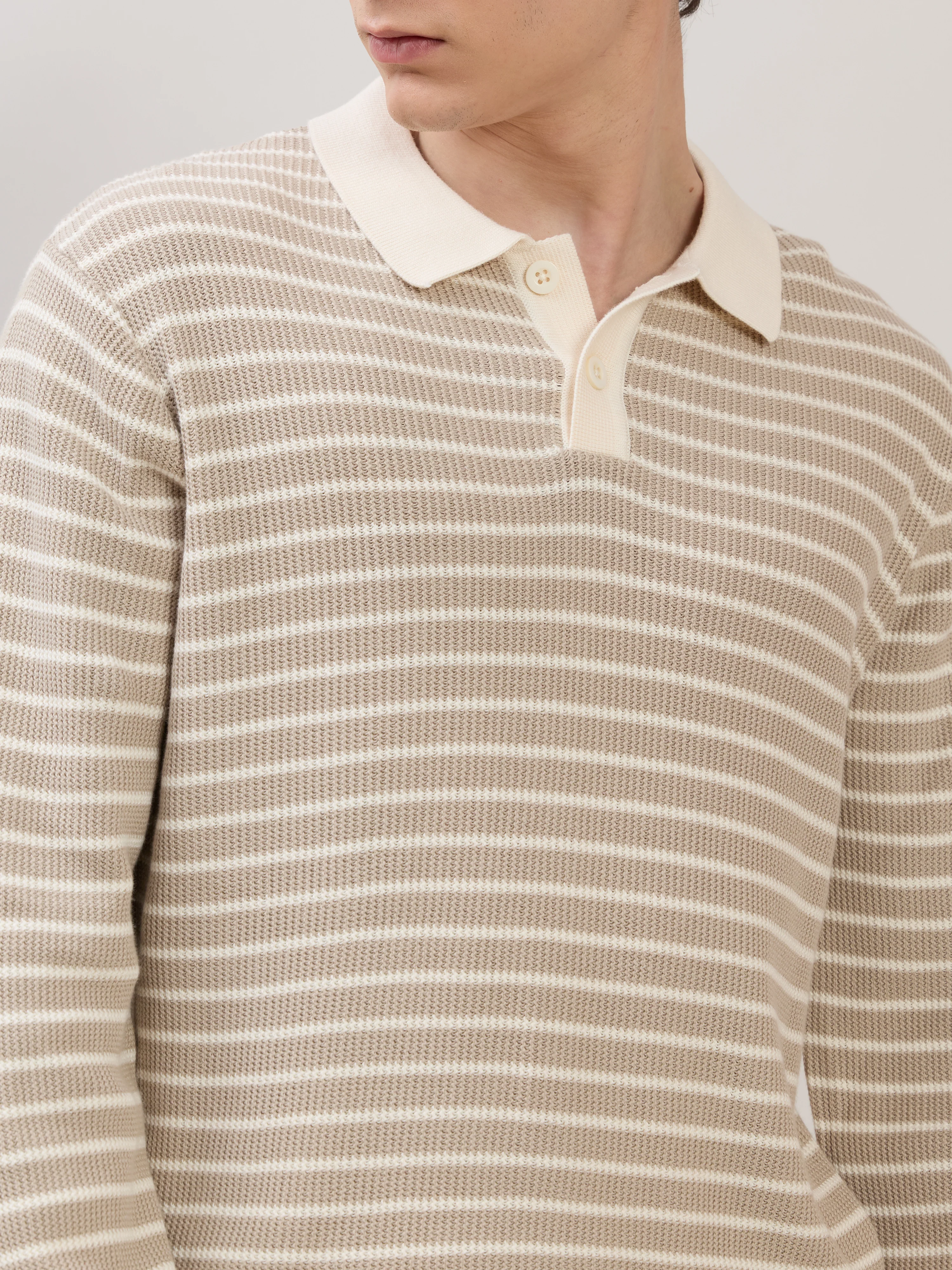 Xosio-2 - Regular Striped Knit Polo Sweater - Beige - Image 3