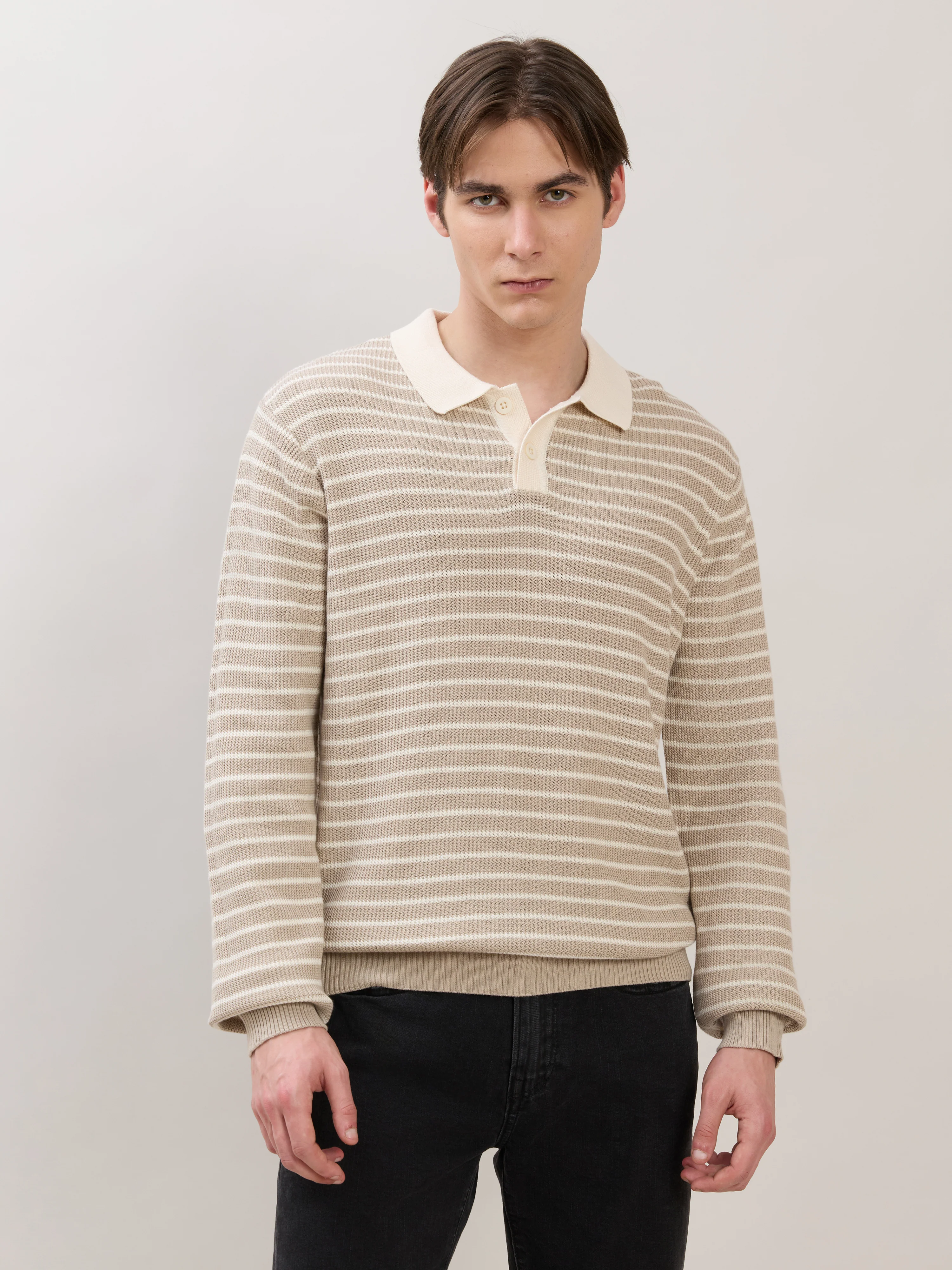 Xosio-2 - Regular Striped Knit Polo Sweater - Beige - Image 5