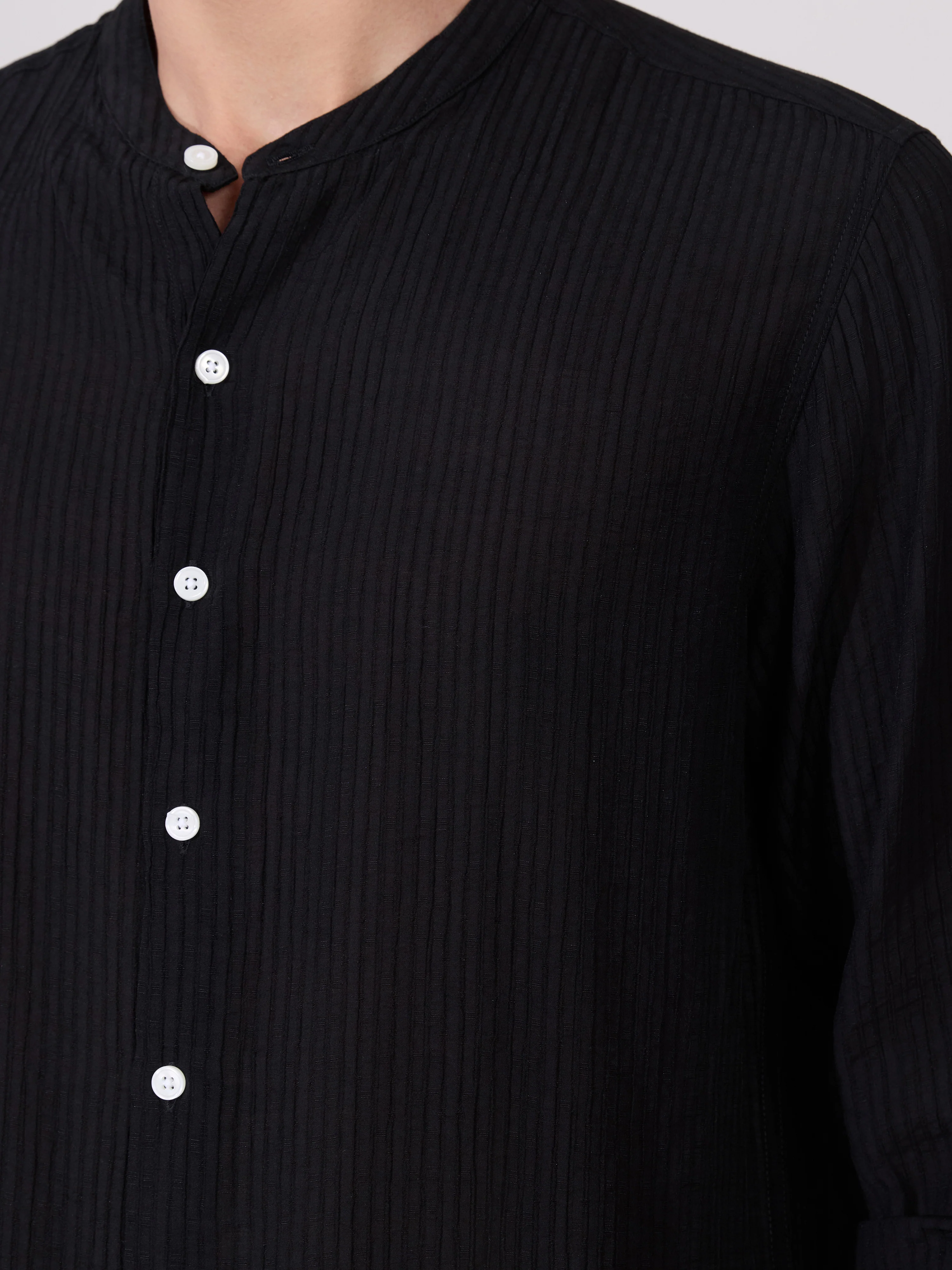 Yometo - Striped Band Neck Shirt - Black - Image 3
