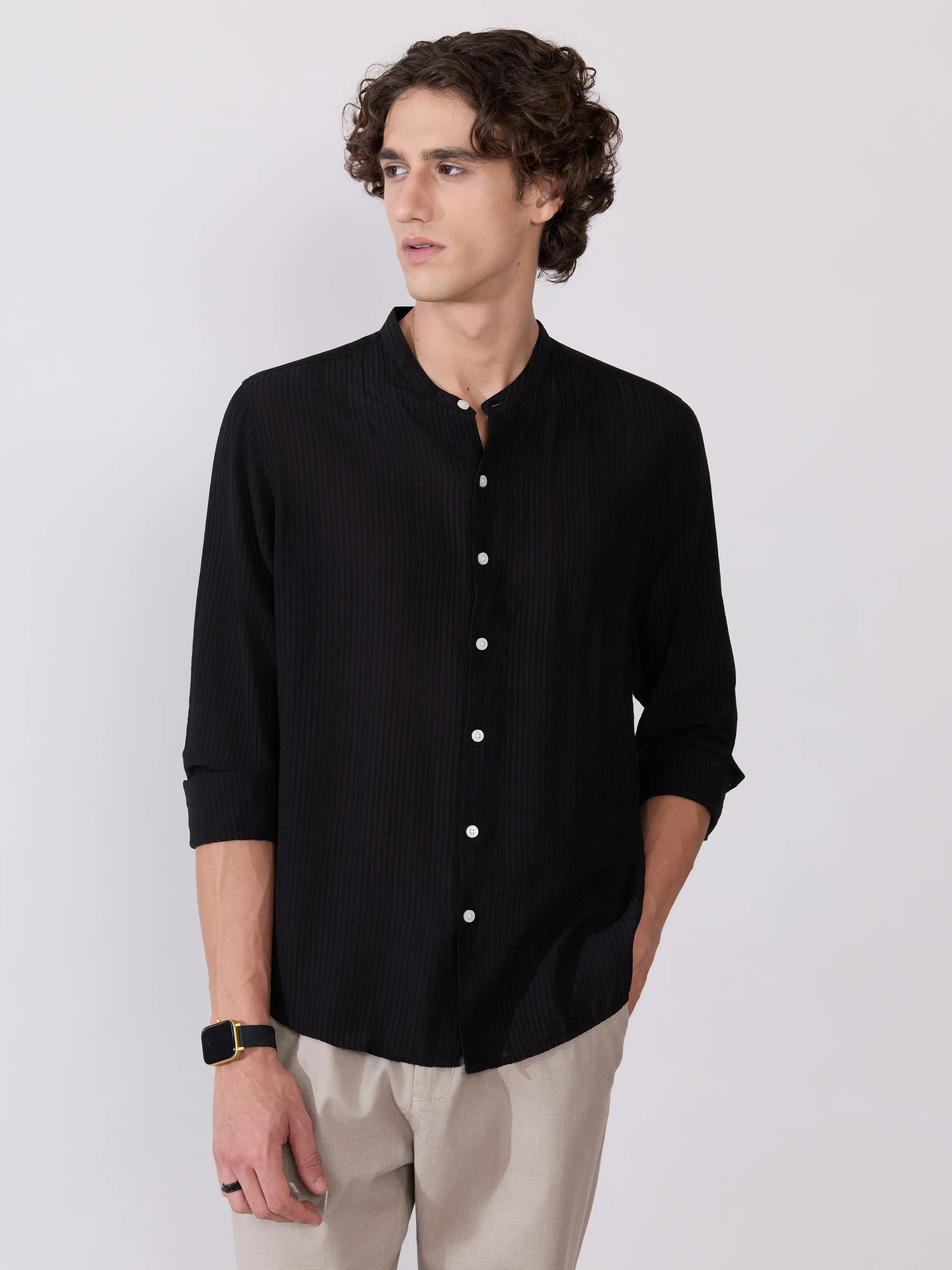 Yometo - Striped Band Neck Shirt - Black - Image 4