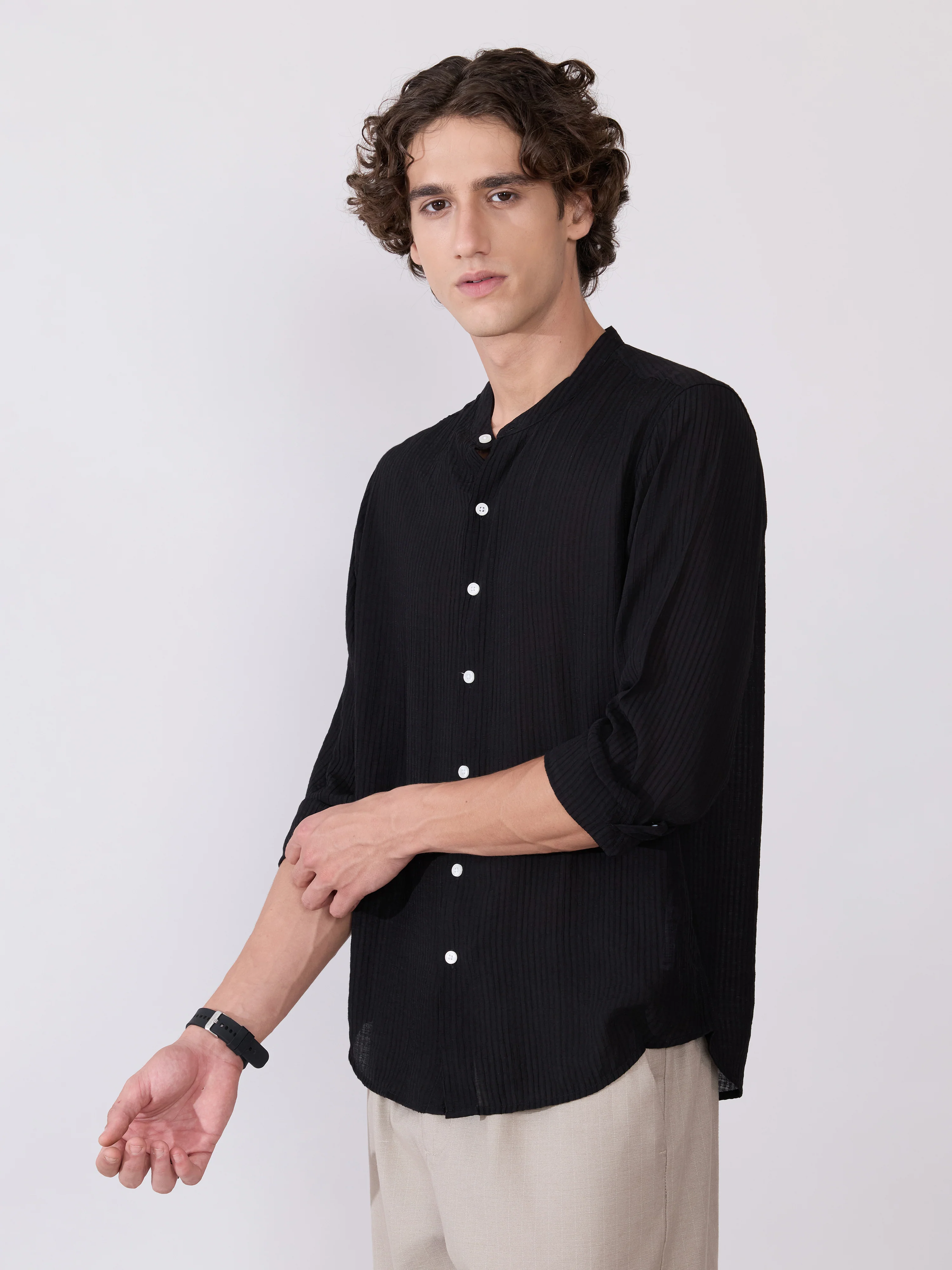 Yometo - Striped Band Neck Shirt - Black - Image 5