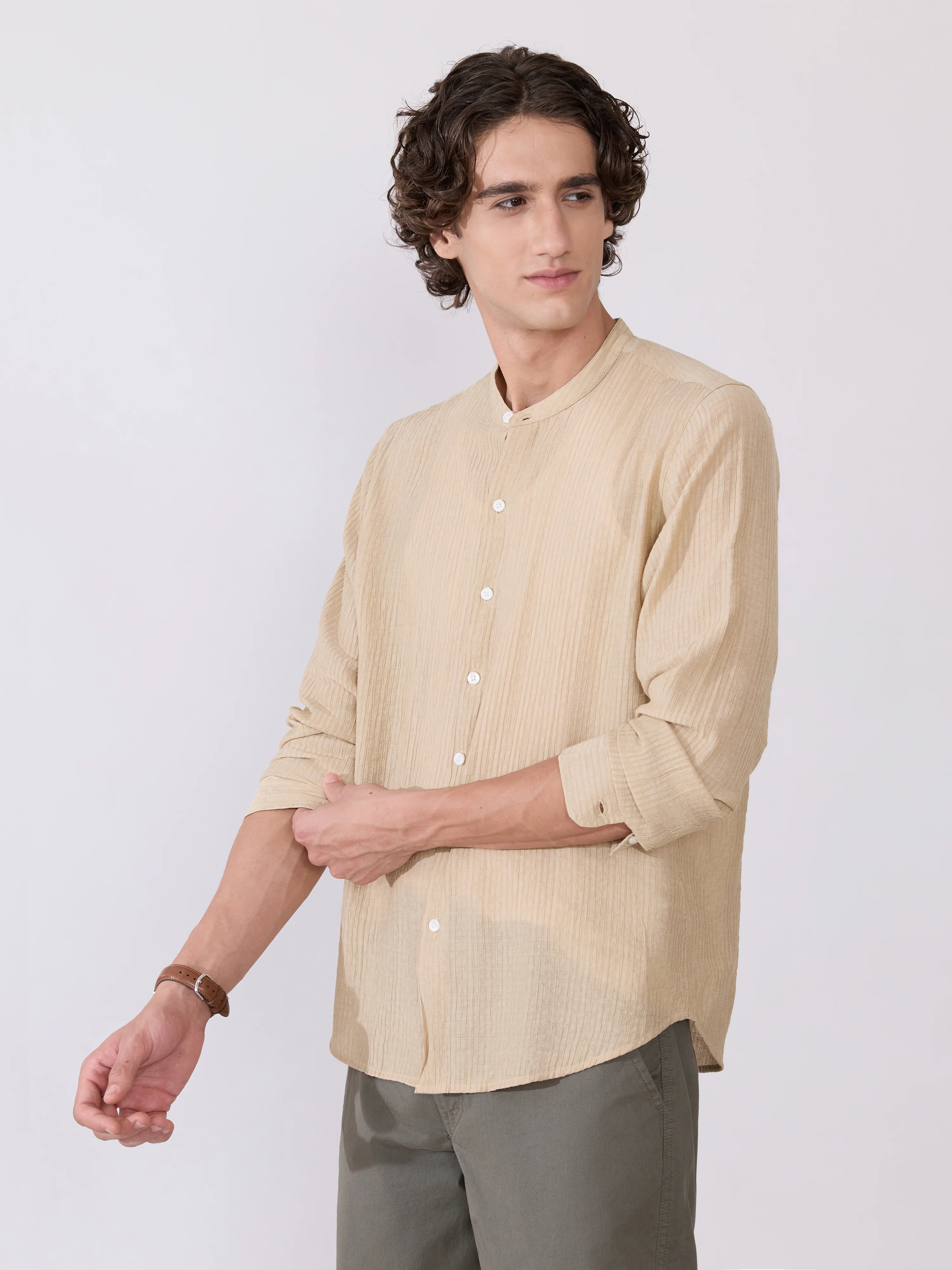 Yometo - Striped Band Neck Shirt - Tan Beige - Image 5
