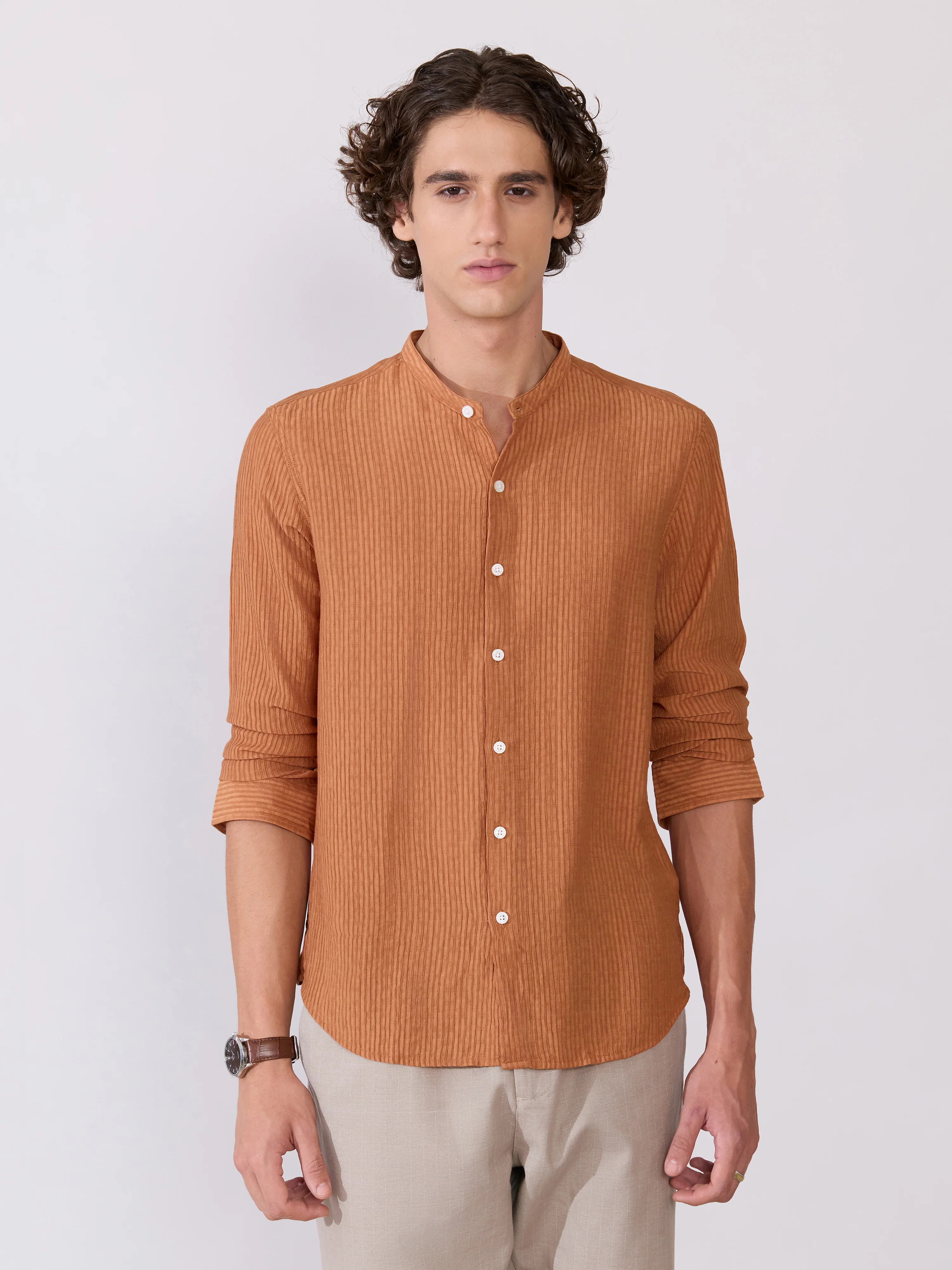 Yometo - Striped Band Neck Shirt - Coral Orange - Image 5