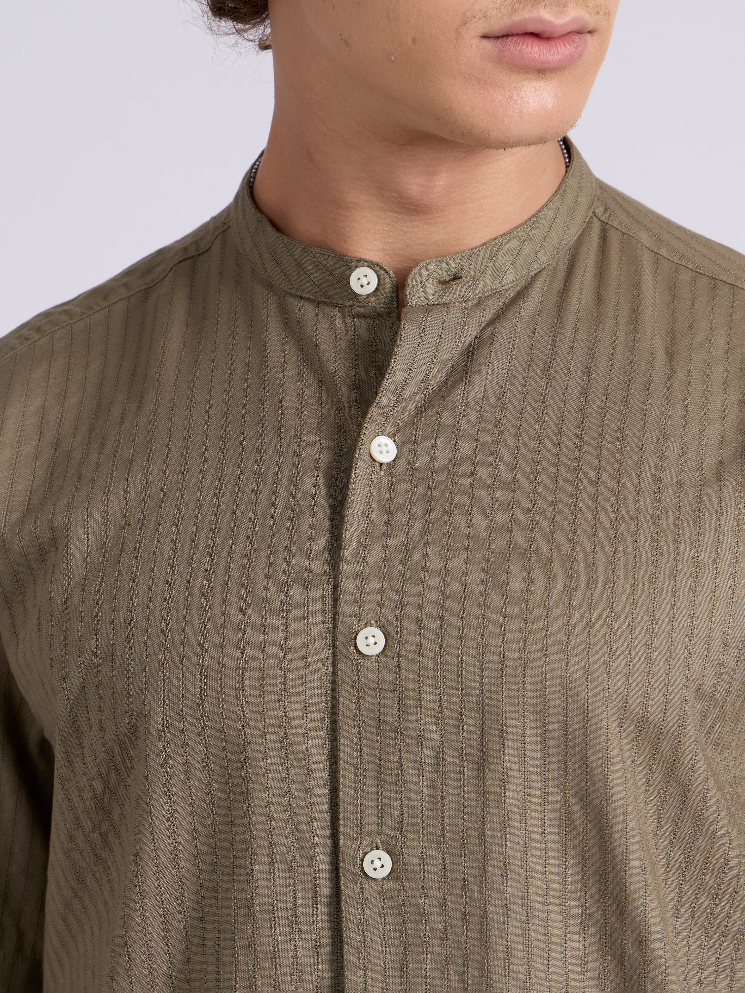 Zabriel - Band Collar Striped Shirt - Olive Brown - Image 4