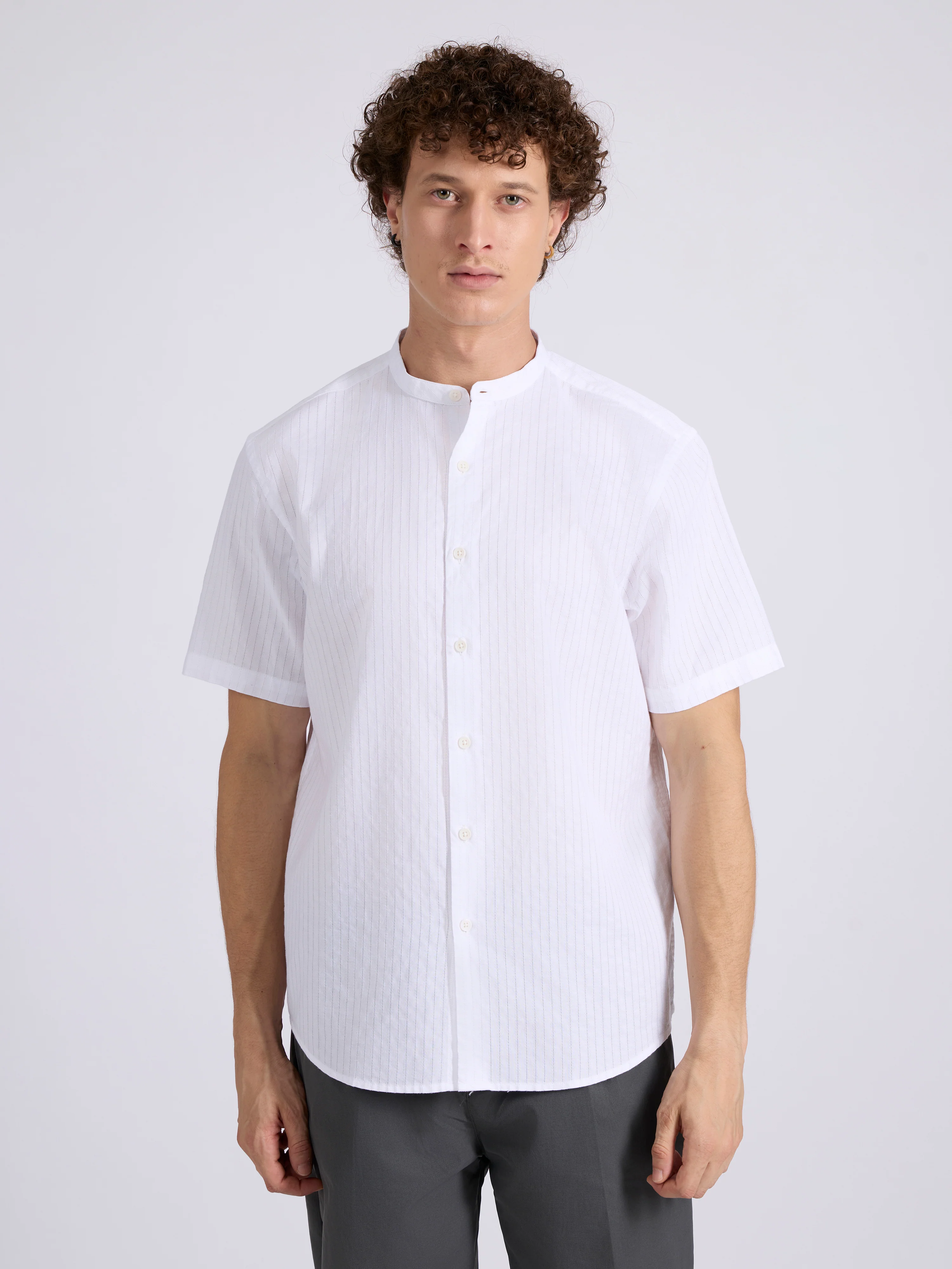 Zabriel - Band Collar Striped Shirt - White - Image 2
