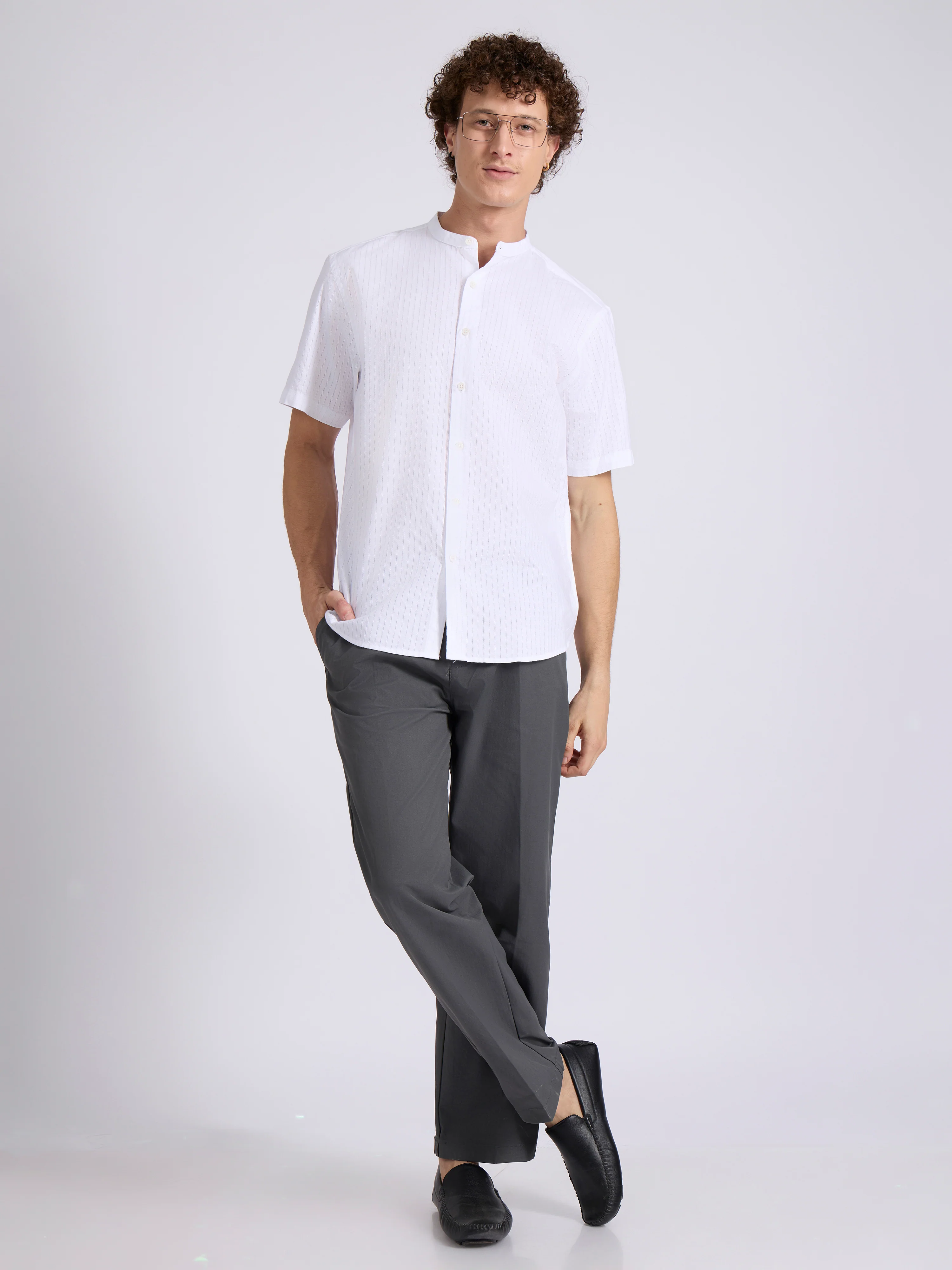 Zabriel - Band Collar Striped Shirt - White - Image 3