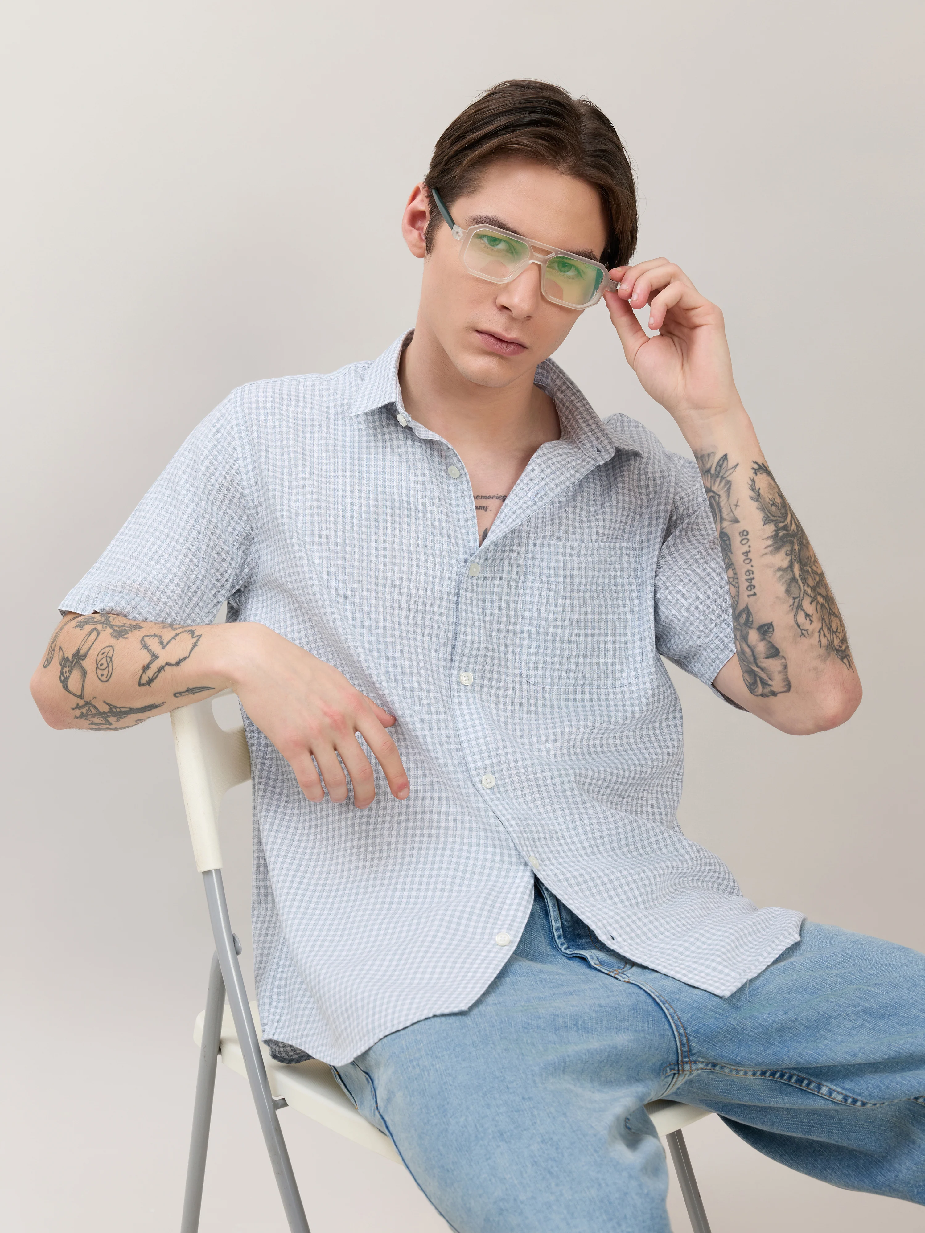 Zenamo - Relaxed Fit Micro Checks Shirt - Blue - Image 4