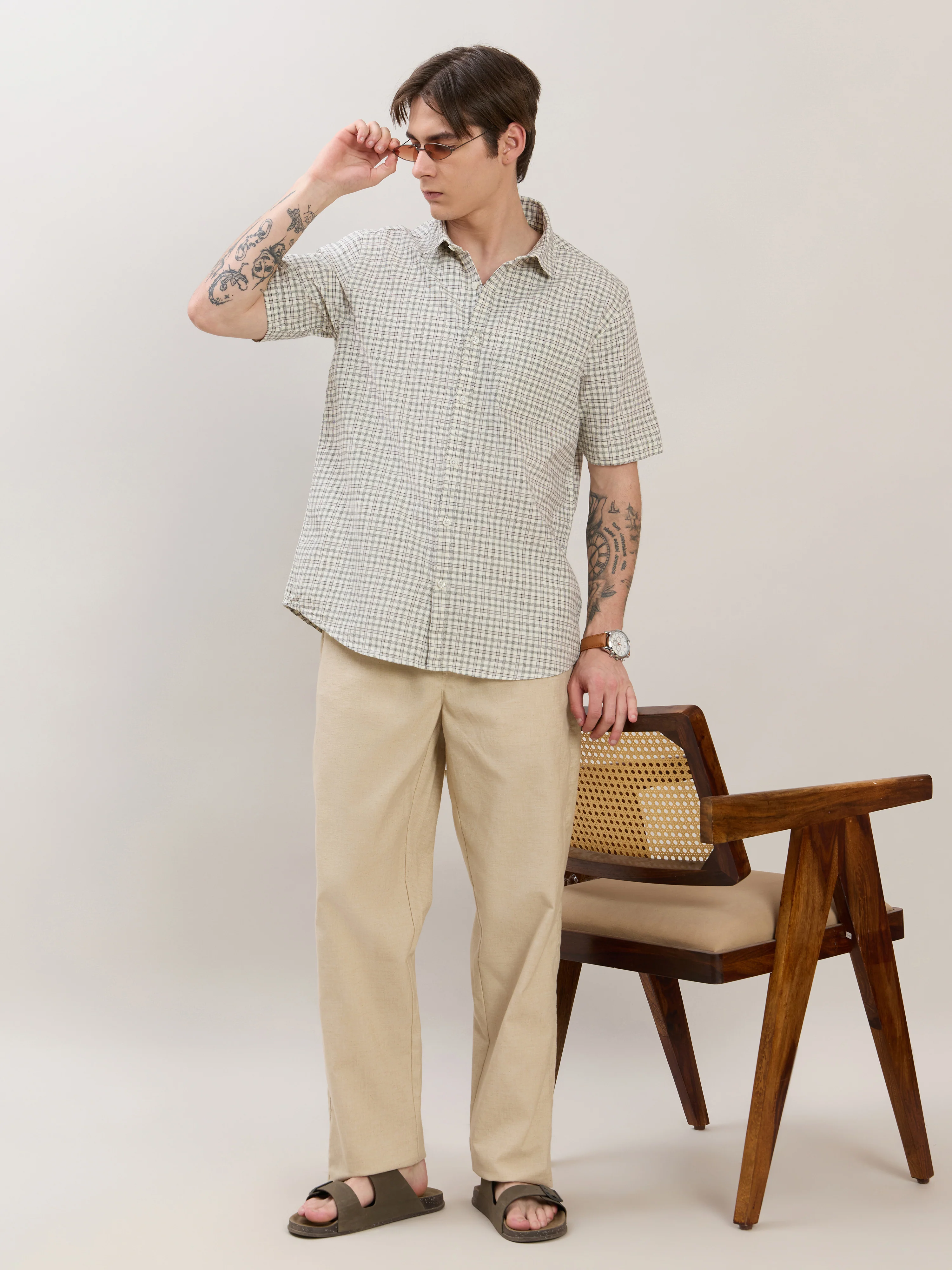 Zenamo - Relaxed Fit Micro Checks Shirt - Off White - Image 2