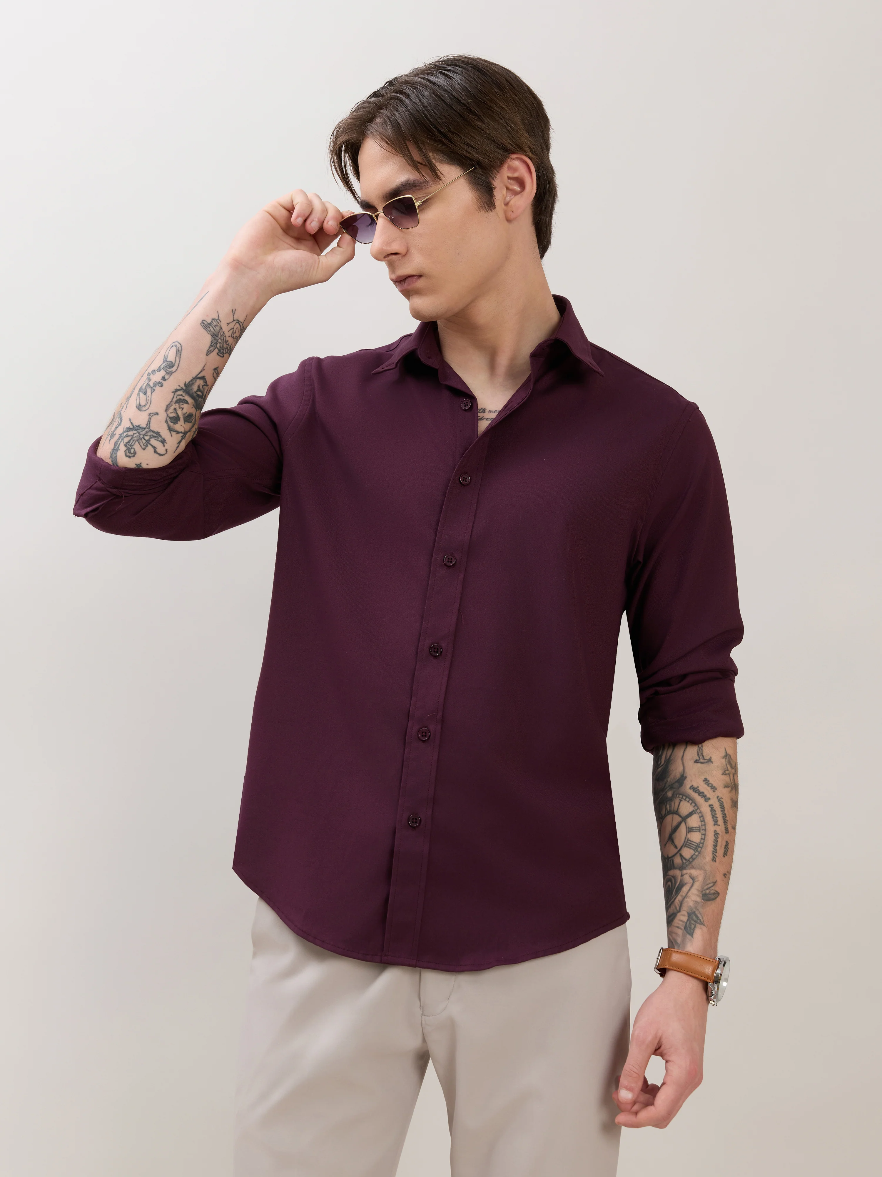Zero - Relaxed Fit Plain Shirt - Maroon - Image 5