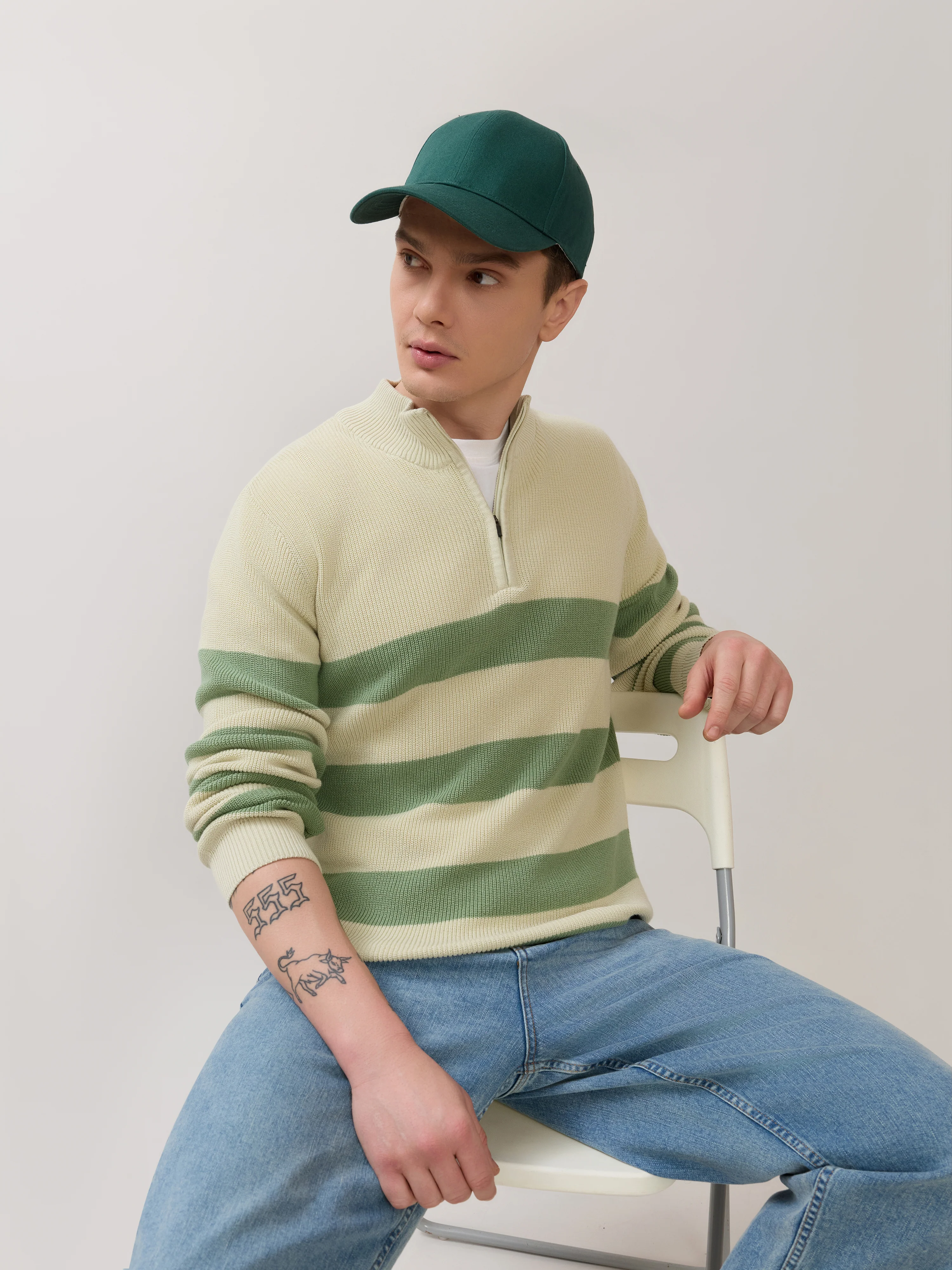 Zoro-1 - Regular Striped Half-Zip Sweater - Green - Image 4
