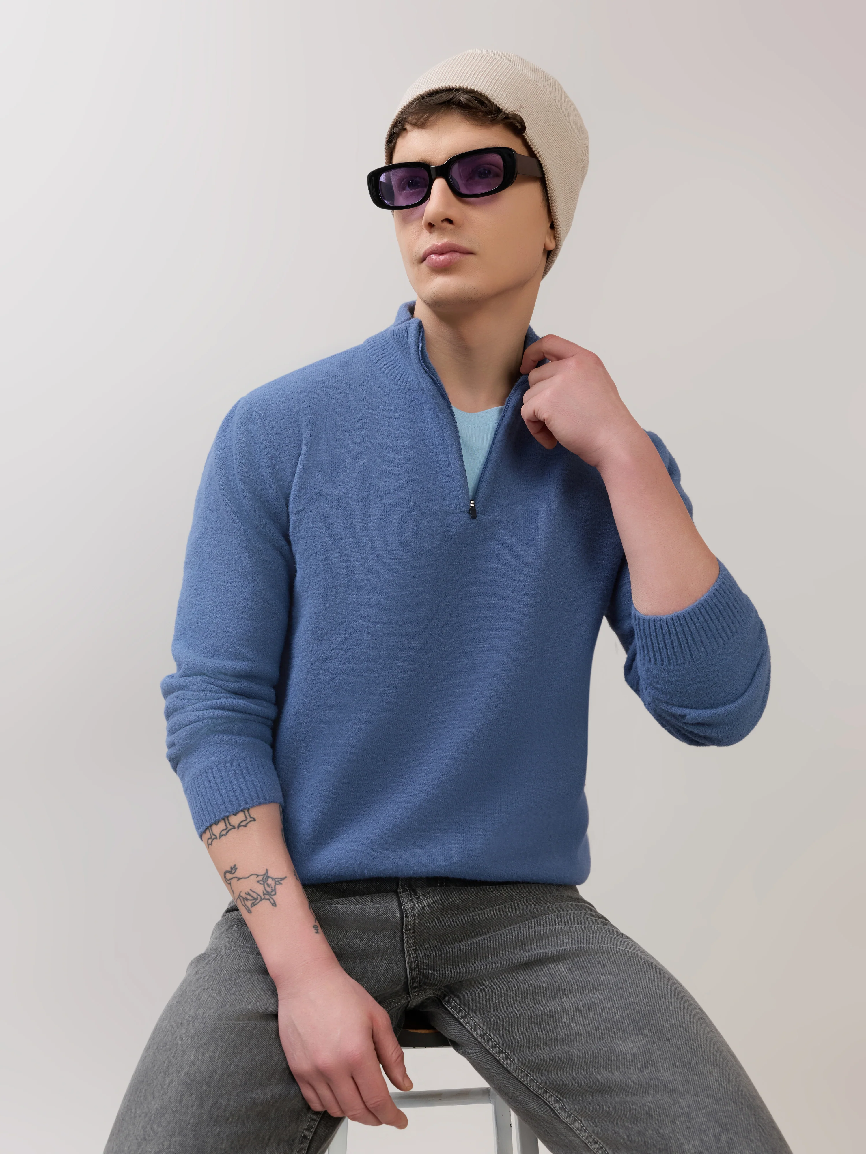 Zoro-2 - Regular Half-Zip High Neck Sweater - Blue - Image 4