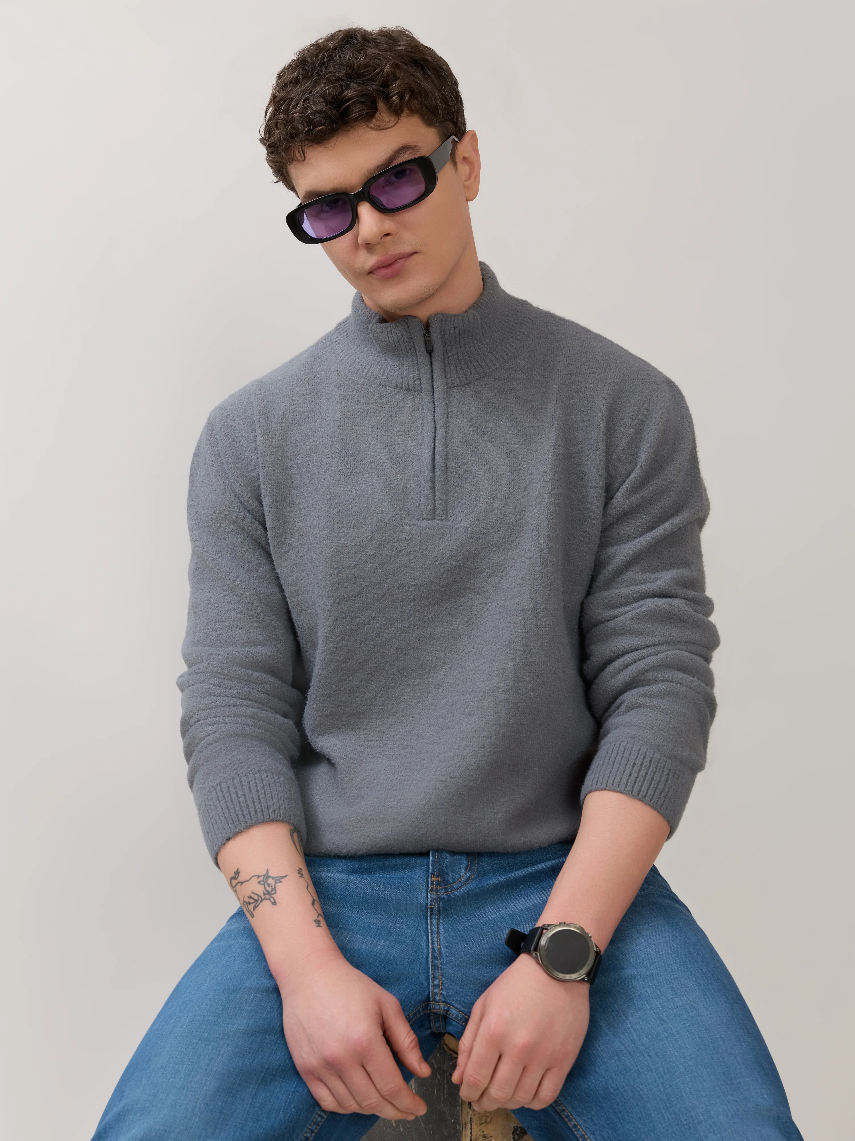 Zoro-2 - Regular Half-Zip High Neck Sweater - Grey